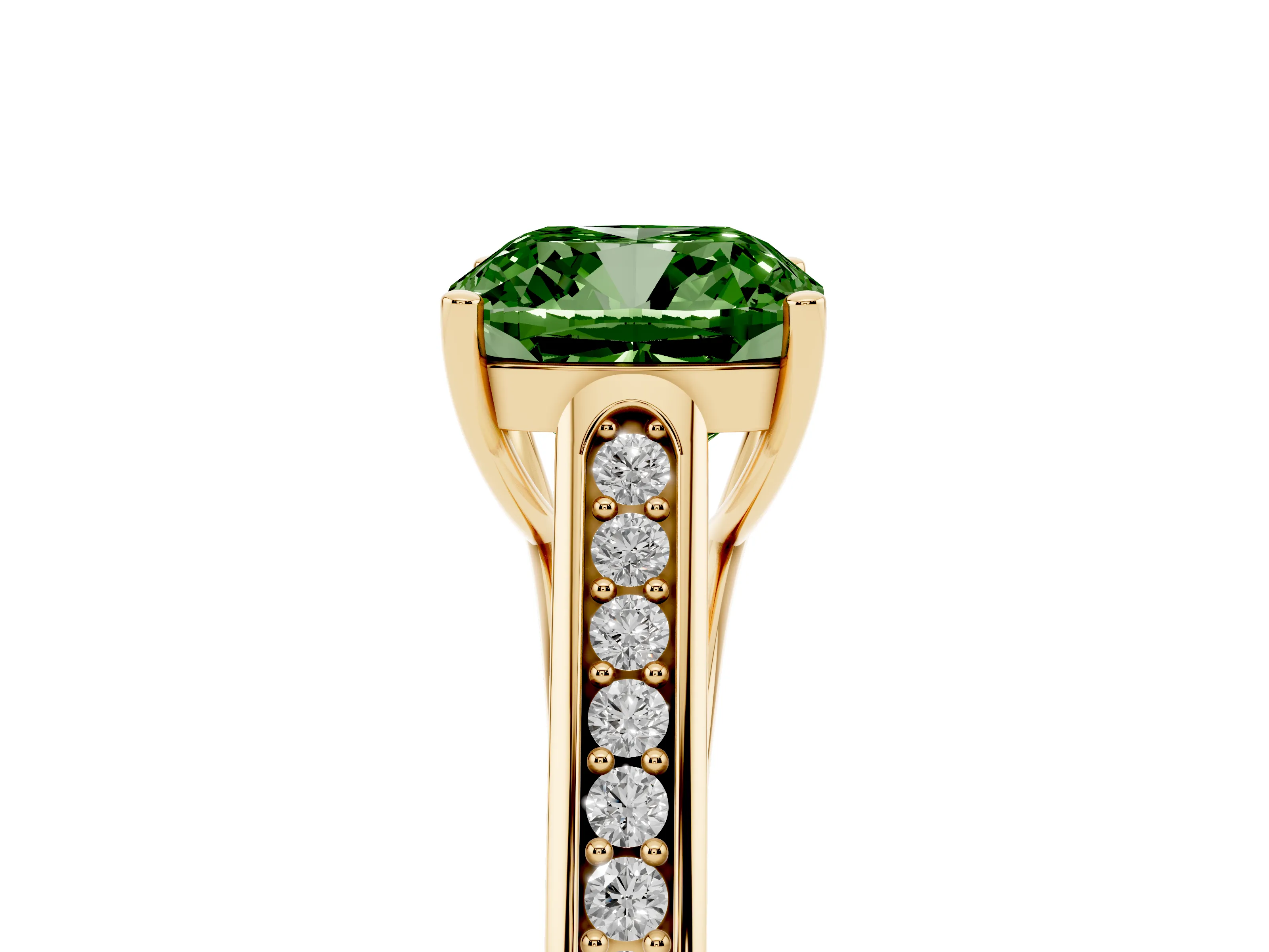 Fancy Green Cushion Cut Diamond Solitaire Cathedral Engagement Ring Set in Yellow gold with Channel-Set Band and Prong Setting