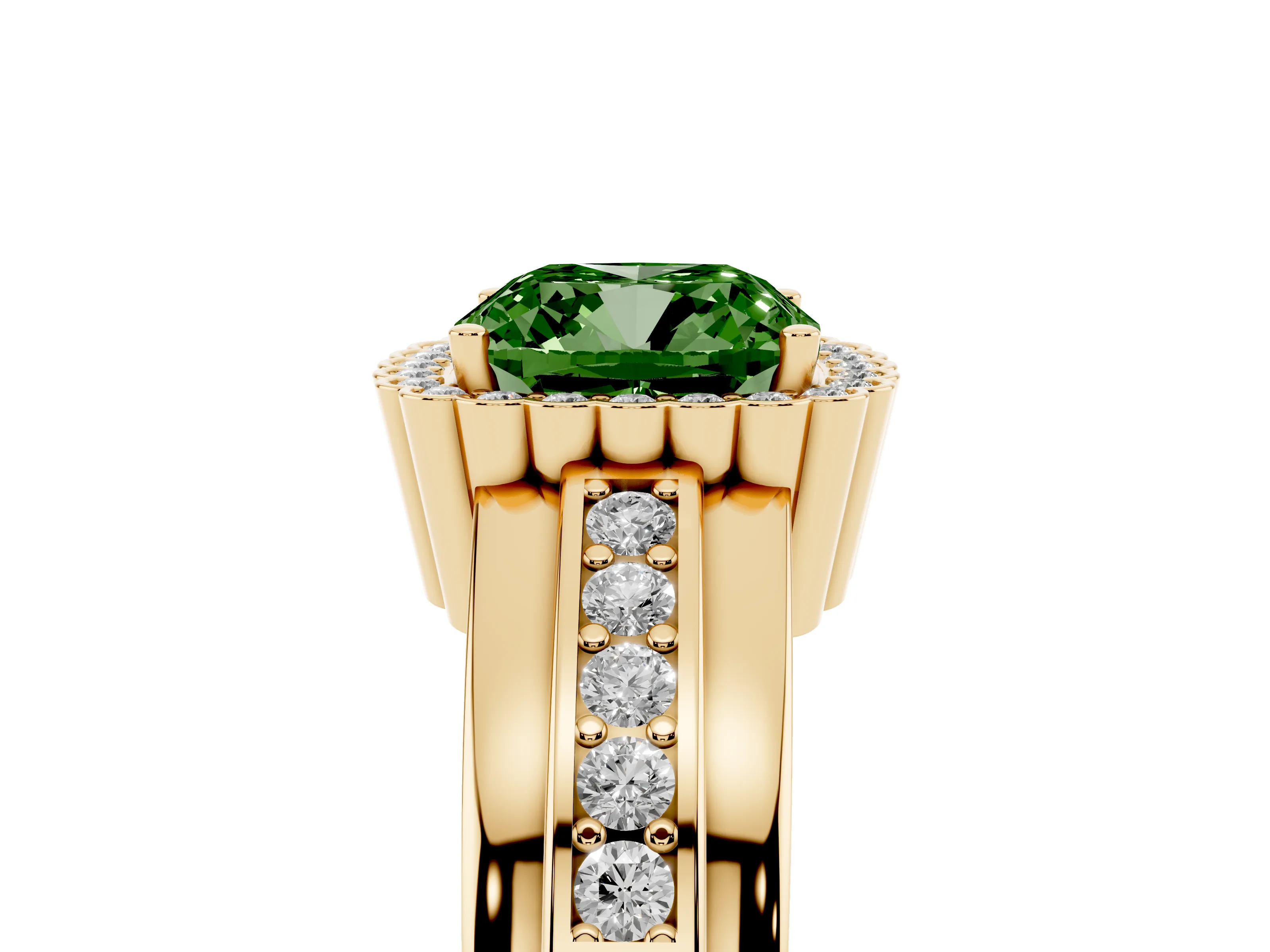 Fancy Green Cushion Cut Diamond Halo Prong Ring Set in Yellow gold with Pavé Band