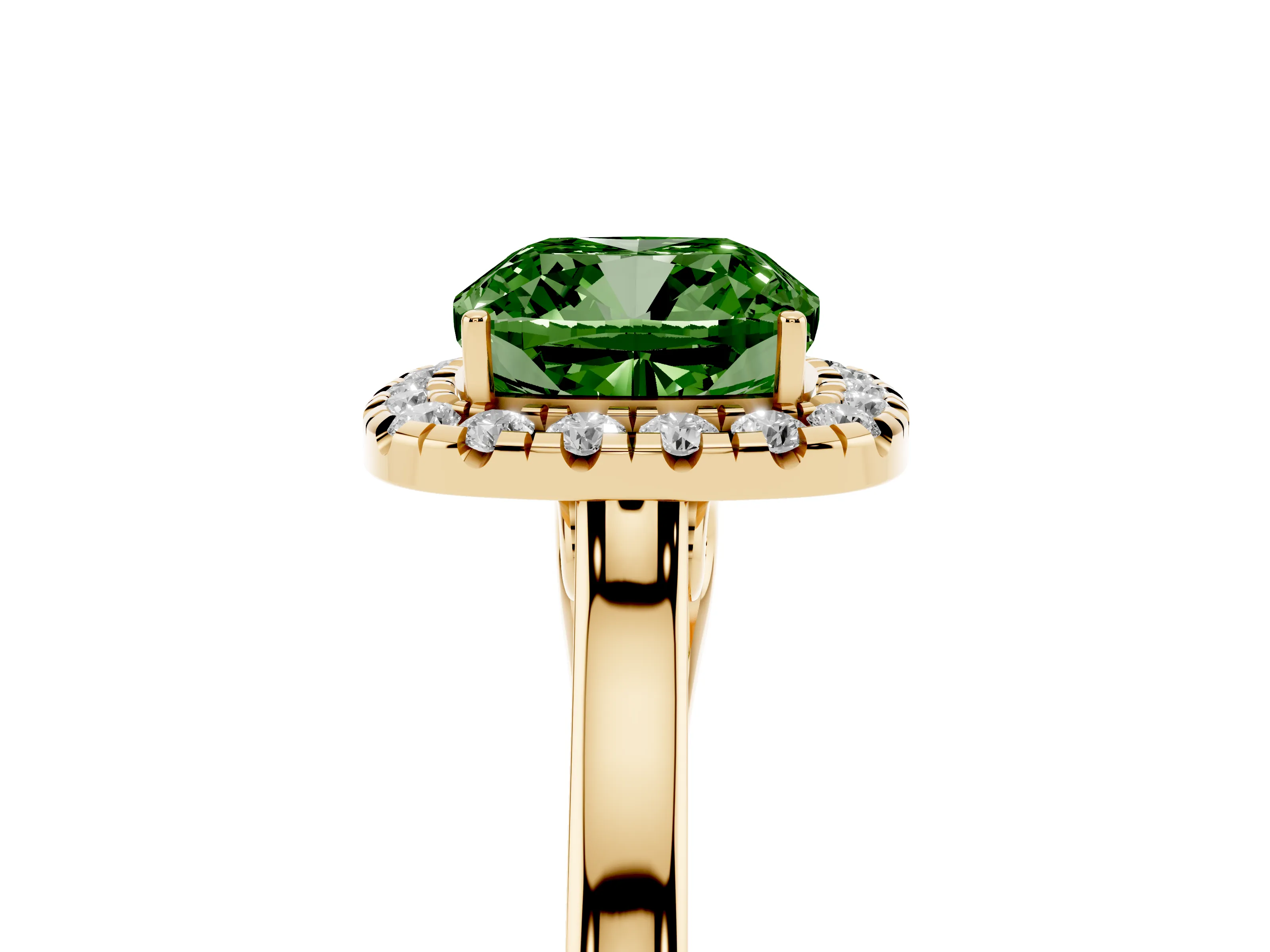 Fancy Green Cushion Cut Halo Round Diamond Solitaire Ring Set in Yellow gold with Pavé Band and Prong Setting