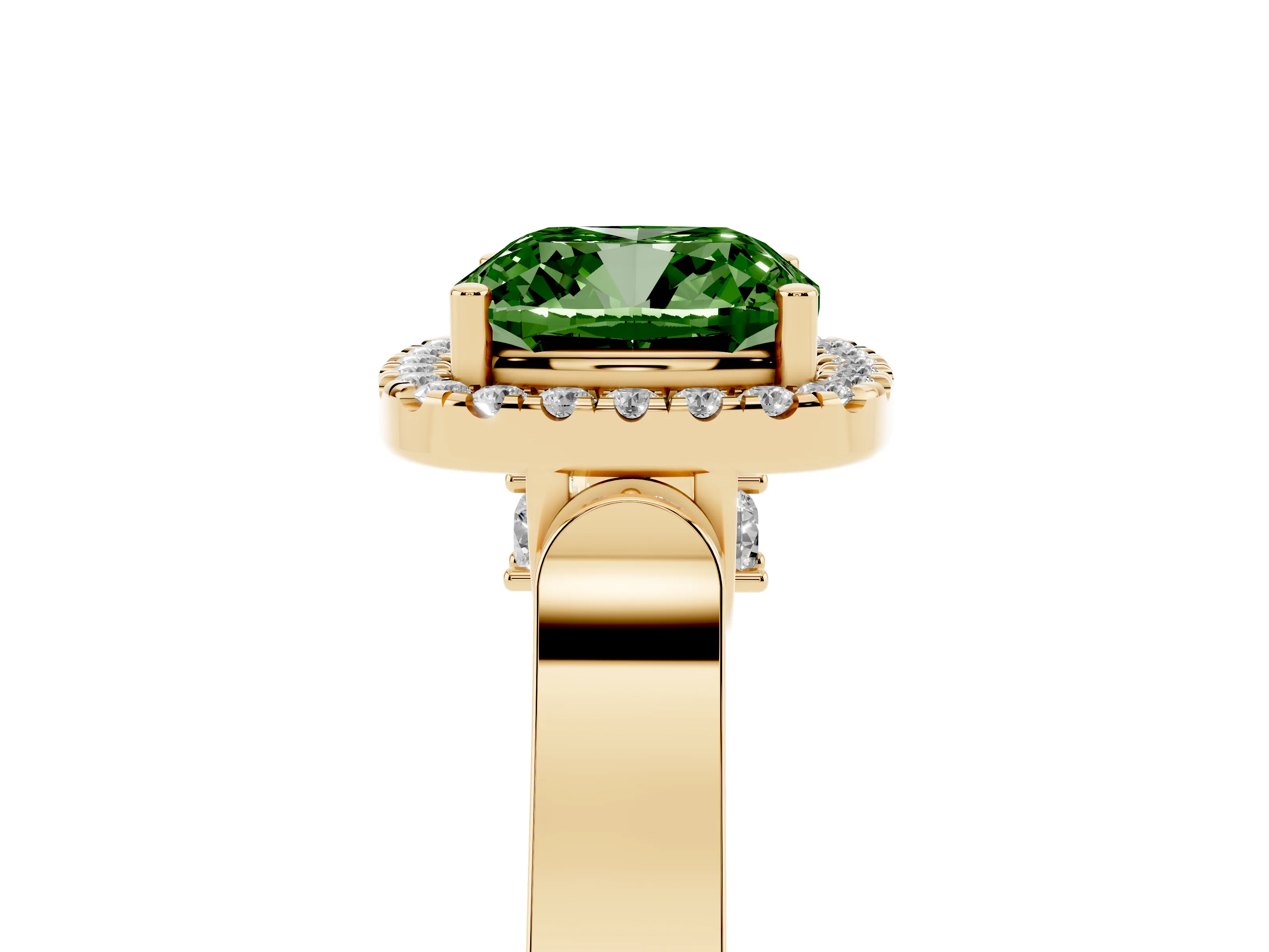Fancy Green Cushion Cut Diamond Halo Ring Set in Yellow gold with Pavé-Lined Split Shank Band