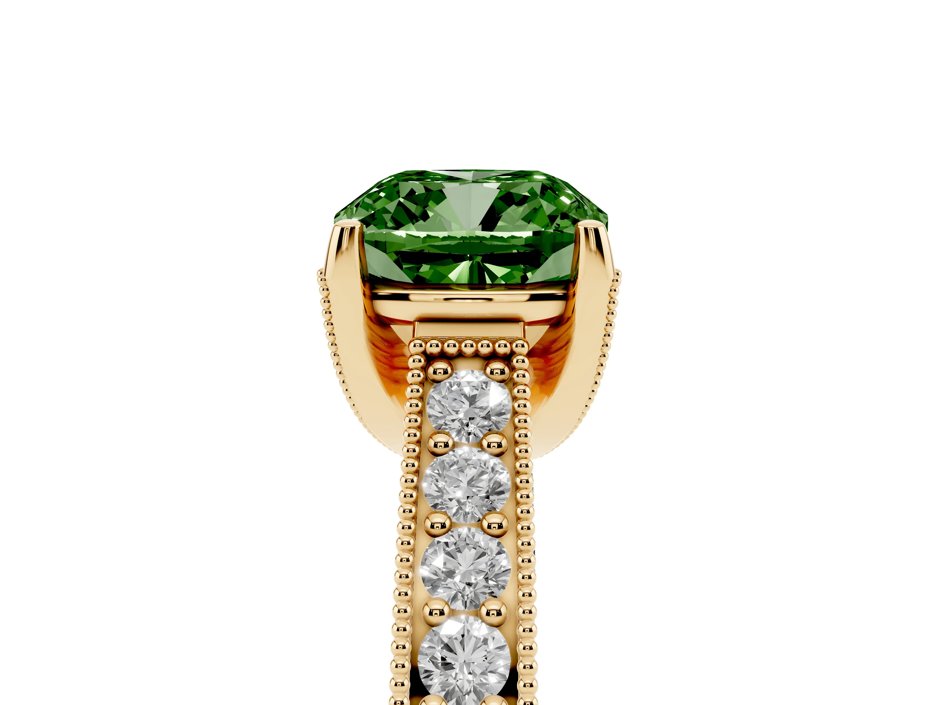 Fancy Green Cushion Cut Diamond Solitaire Ring Set in Yellow gold with Milgrain-Edged Pavé Band and Prong Setting