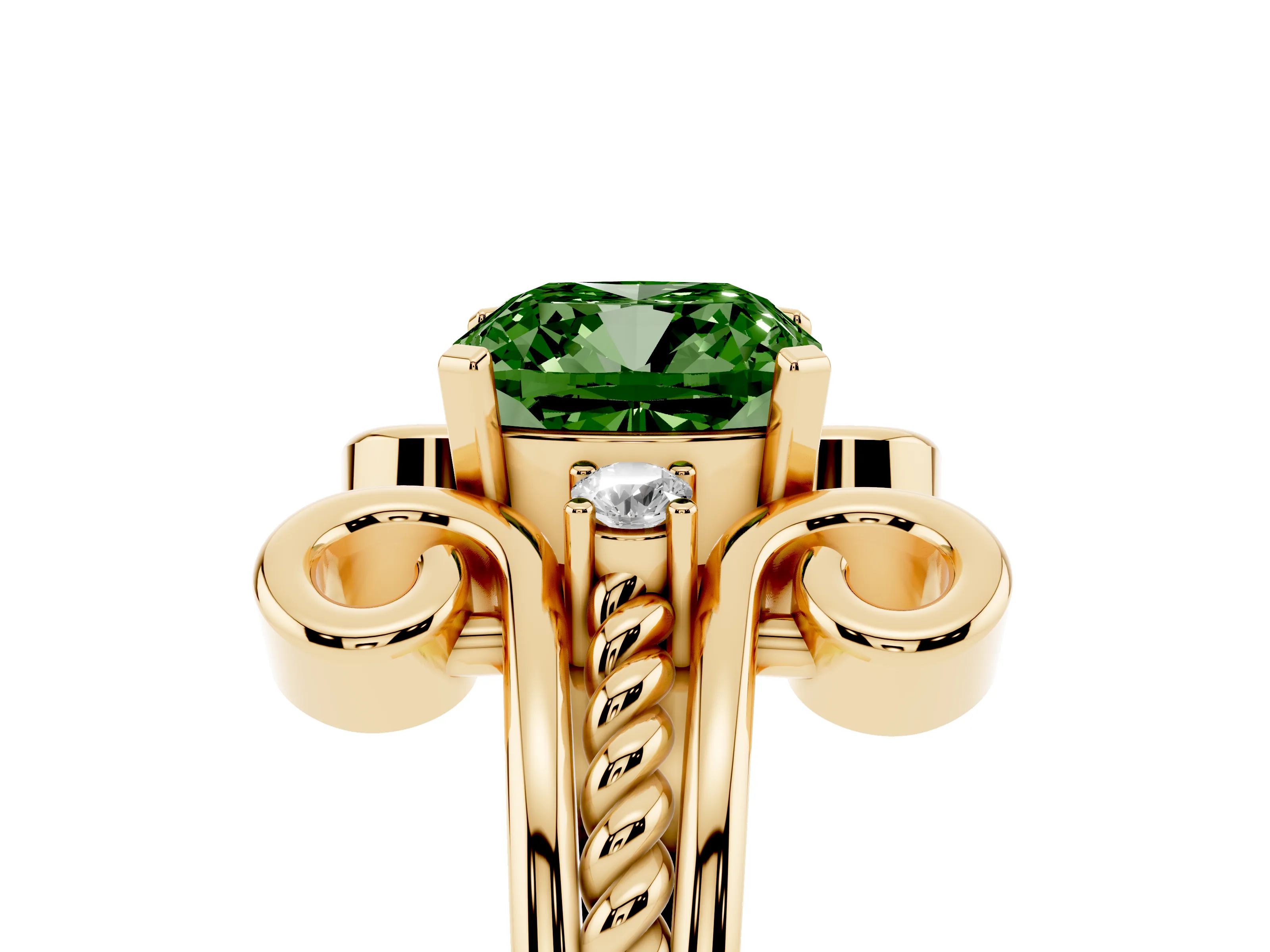Fancy Green Cushion Cut Diamond Twisted Band Solitaire Ring Set in Yellow gold with Scroll Prongs