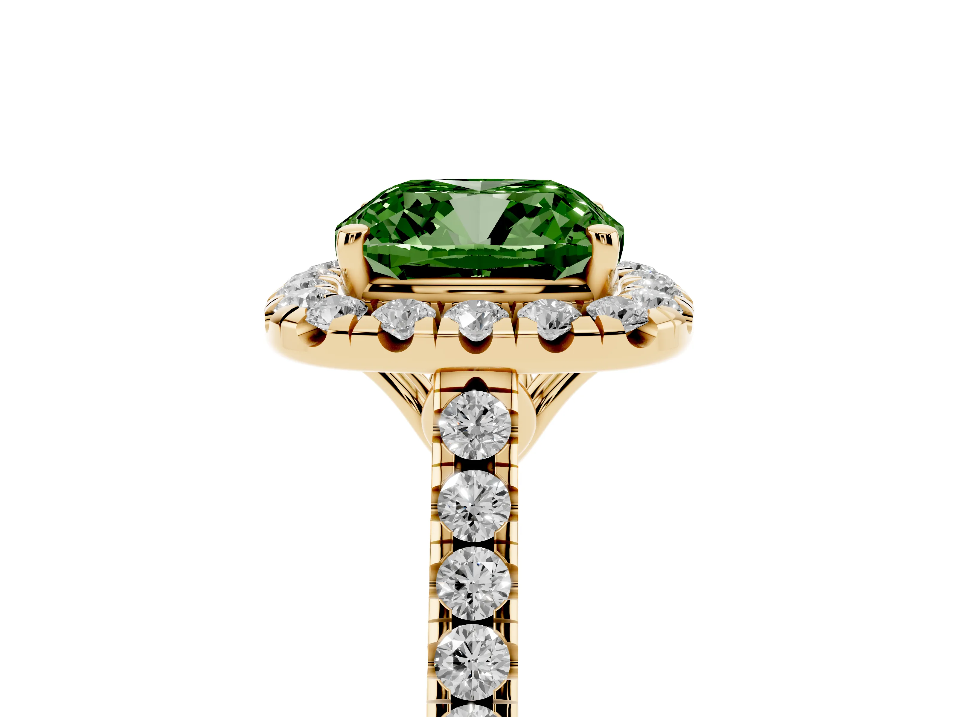 Fancy Green Cushion Cut Diamond Pavé Halo Engagement Ring Set in Yellow gold with Pavé Band and Prong Setting