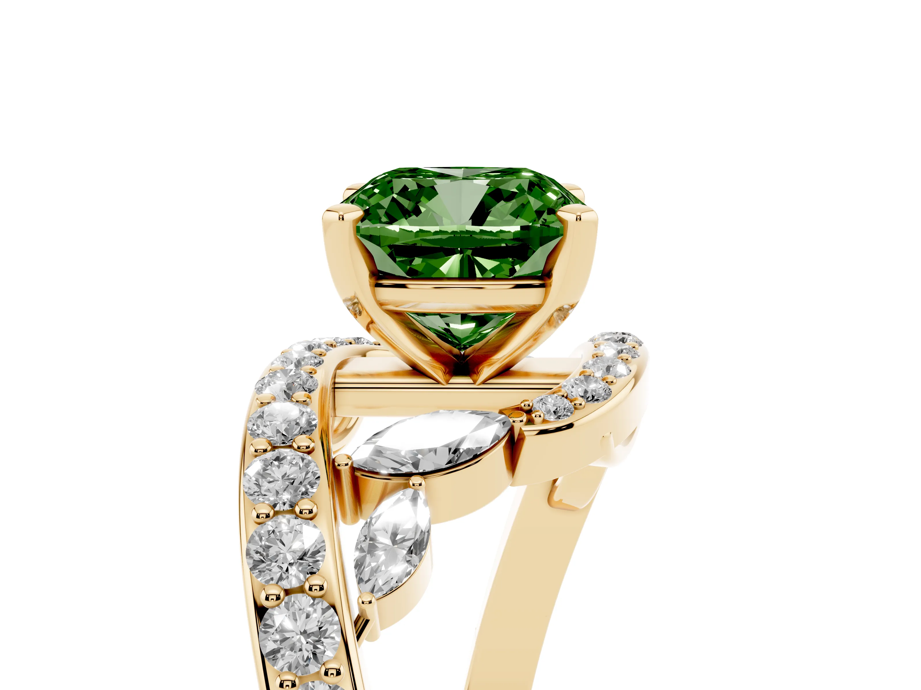 Fancy Green Cushion Cut Diamond Solitaire Ring Set in Yellow gold with Filigree Band and Prong Setting