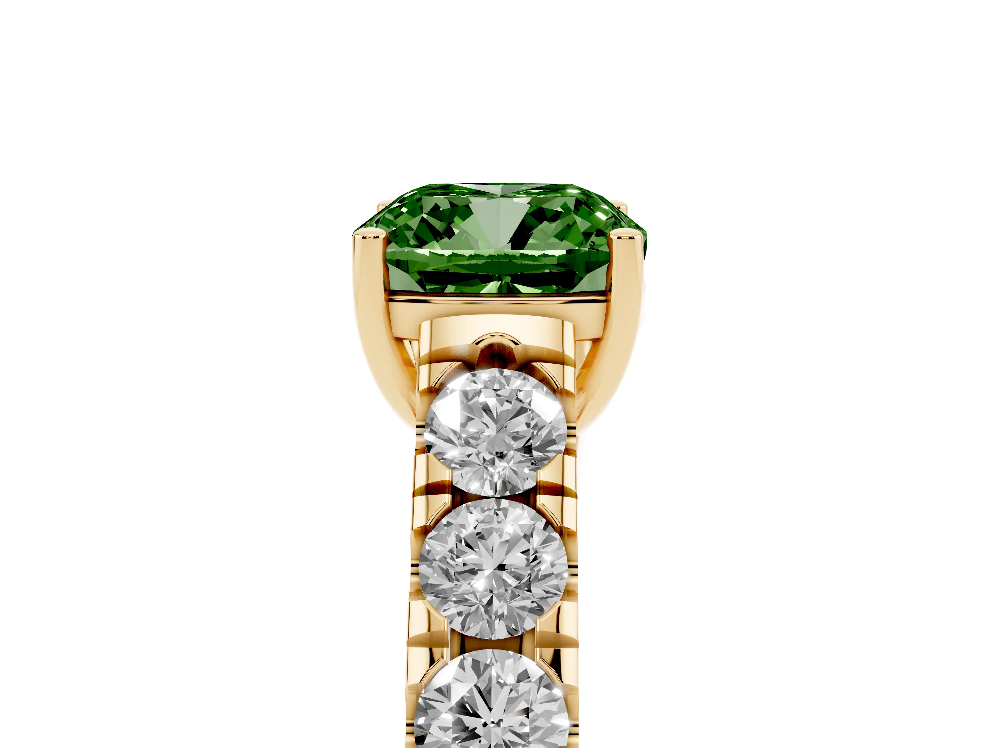 Fancy Green Cushion Cut Diamond Solitaire Ring Set in Yellow gold with Cut-Down Micro Pavé Band and Prong Setting