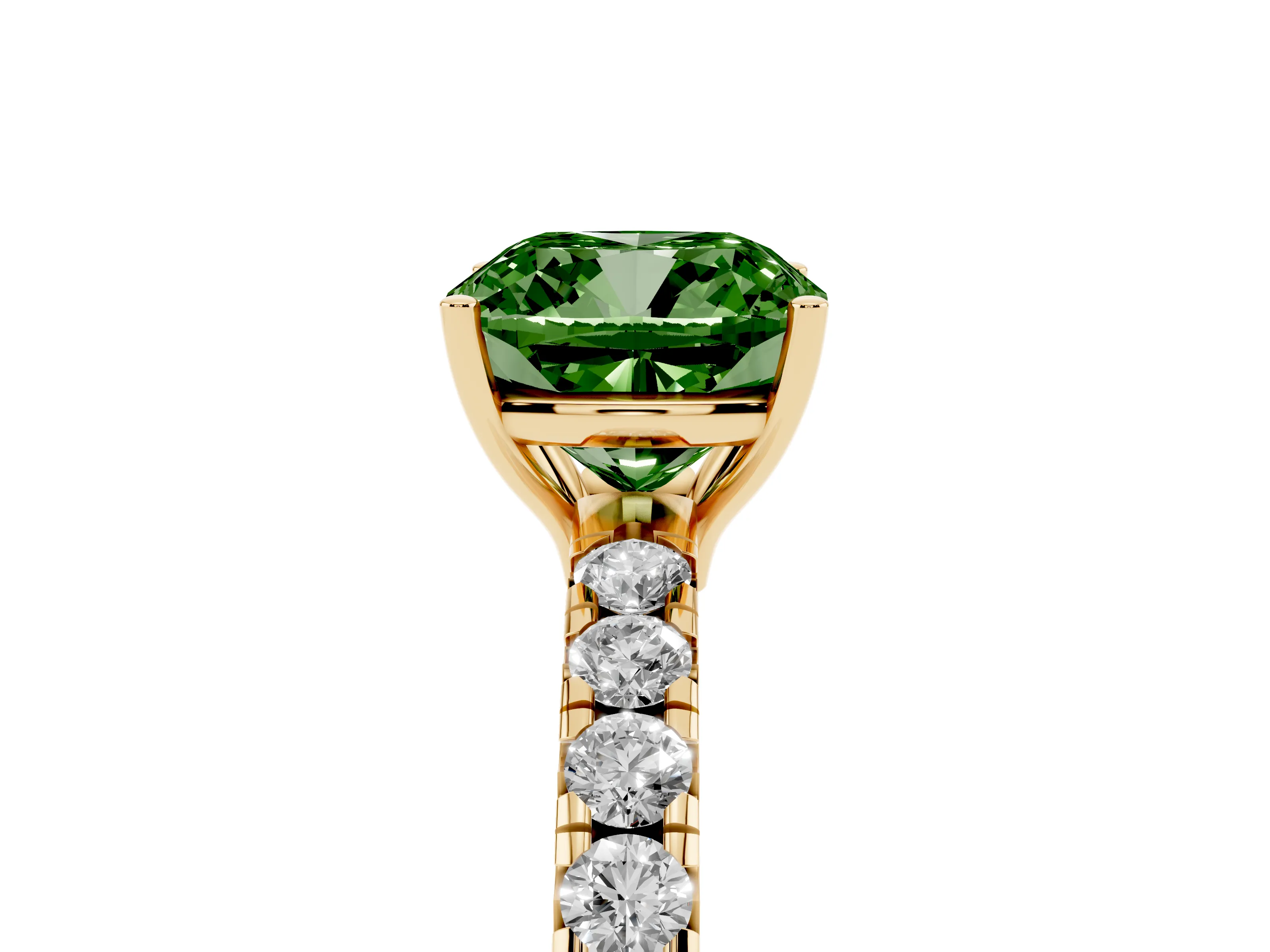 Fancy Green Cushion Cut Diamond Pavé Solitaire Engagement Ring Set in Yellow gold with Prong Setting