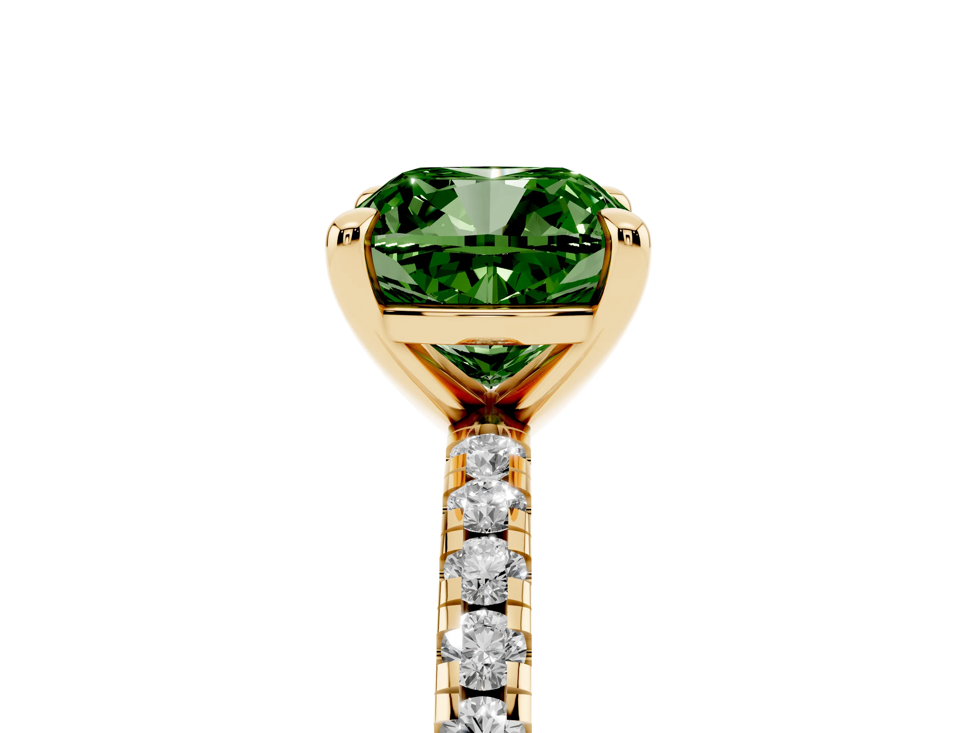 Fancy Green Cushion Cut Diamond Brilliant Solitaire Ring Set in Yellow gold with Pavé Band and Prong Setting
