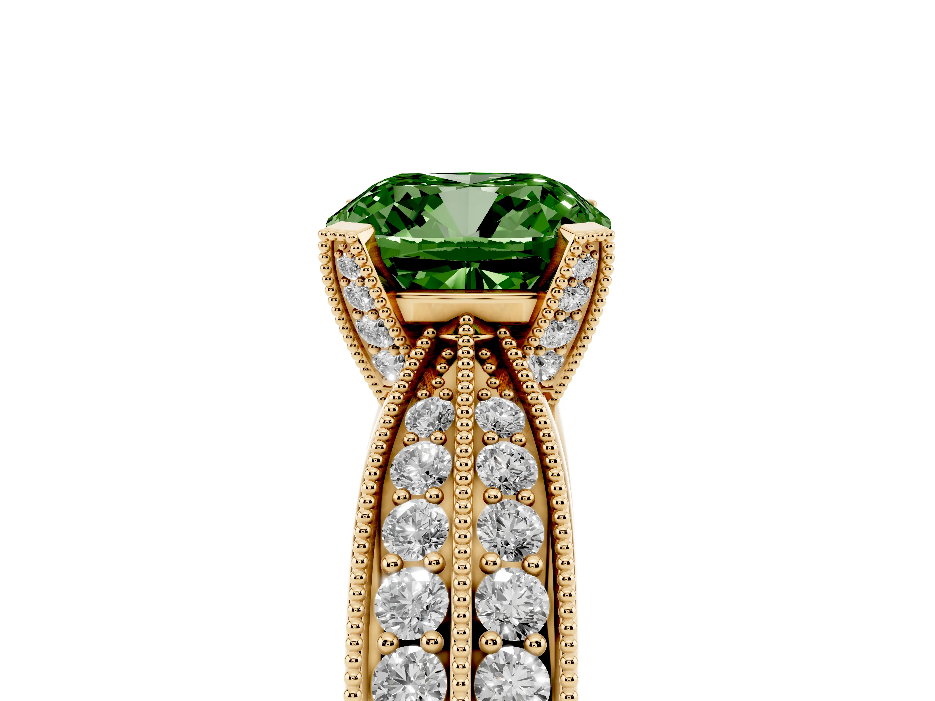 Fancy Green Cushion Cut Diamond Solitaire Ring Set in Yellow gold with Milgrain Double Row Round Pavé Band