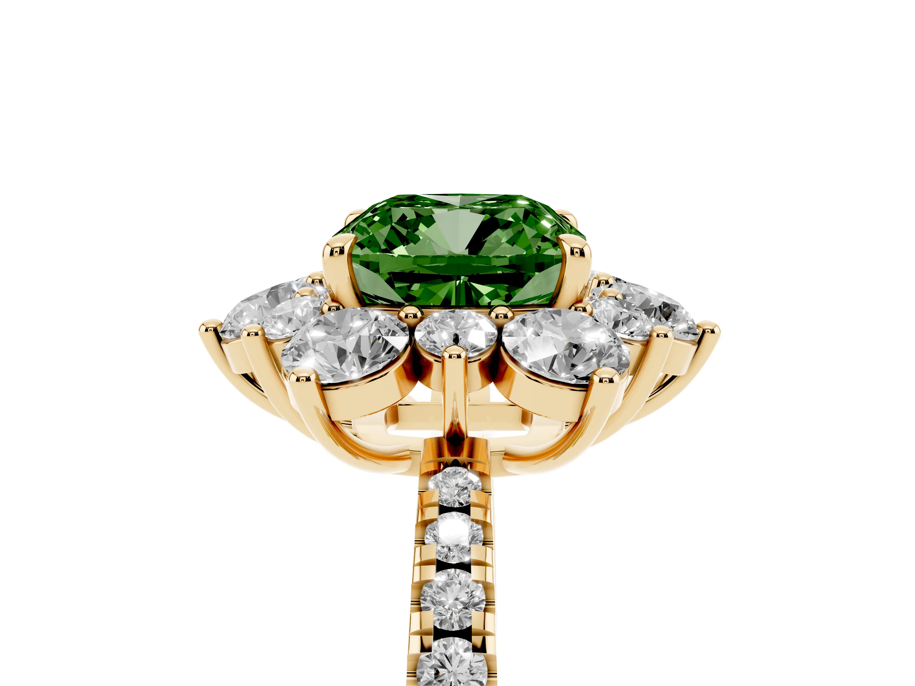 Fancy Green Cushion Cut Diamond Floral Halo Ring Set in Yellow gold with Round Pavé Band and Prong Setting