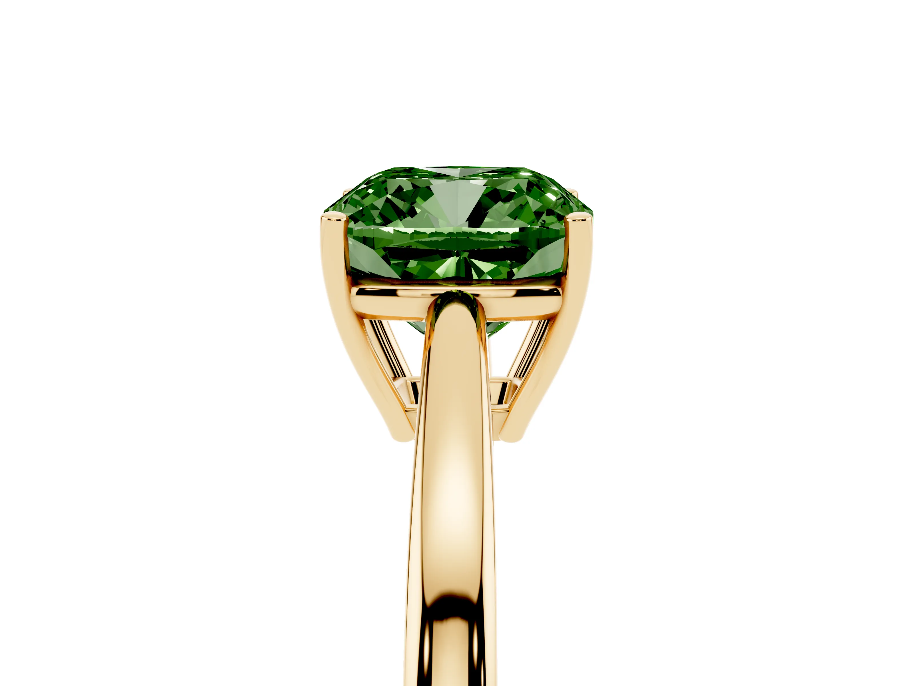 Fancy Green Cushion Cut Diamond Solitaire Ring Set in Yellow gold with Split Shank and Prong Setting