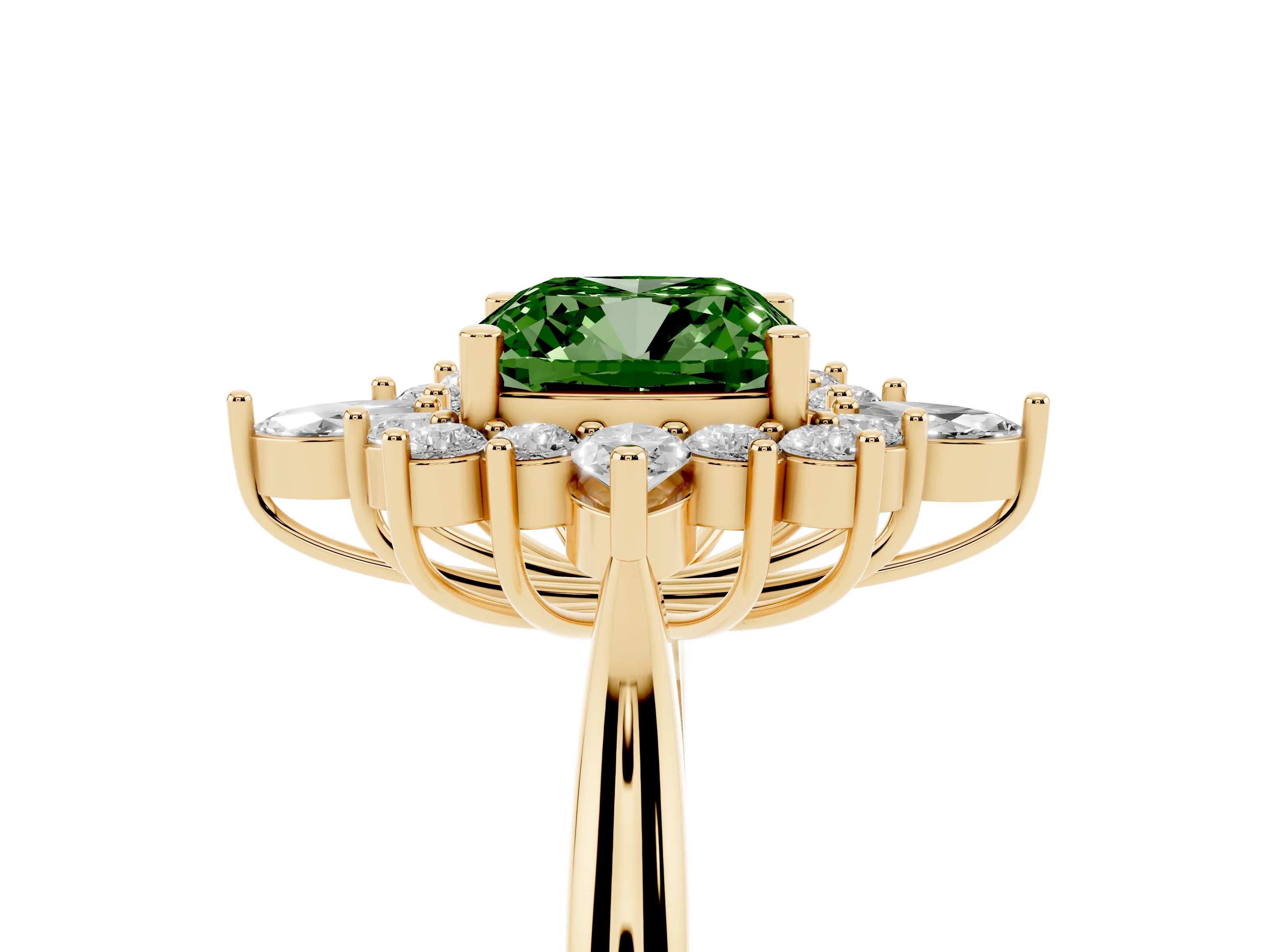 Fancy Green Cushion Cut Diamond Cluster Halo Ring Set in Yellow gold with Marquise and Round Accents