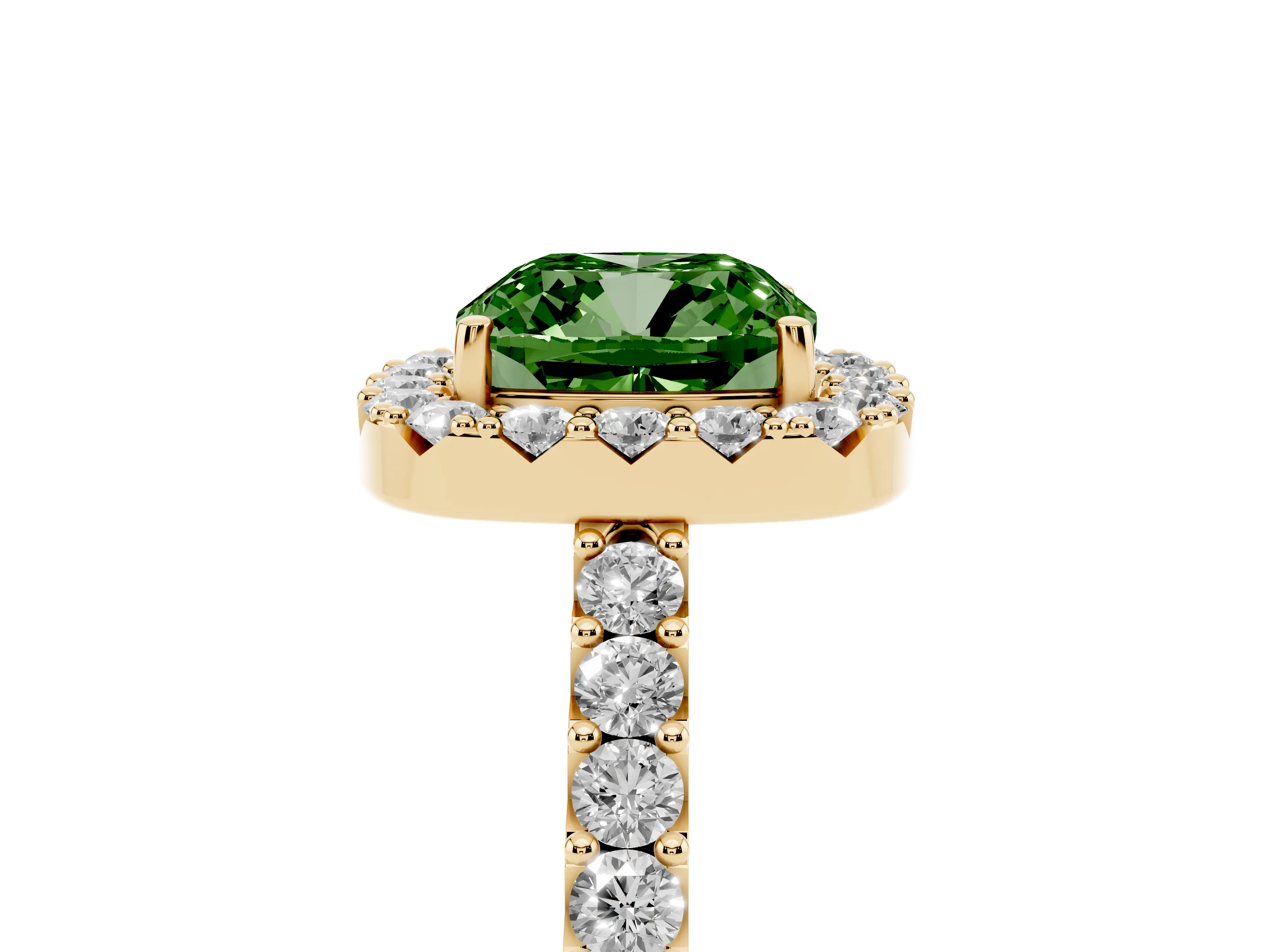 Fancy Green Cushion Cut Diamond Halo Pavé Solitaire Ring Set in Yellow gold with Prong-Set Center Stone