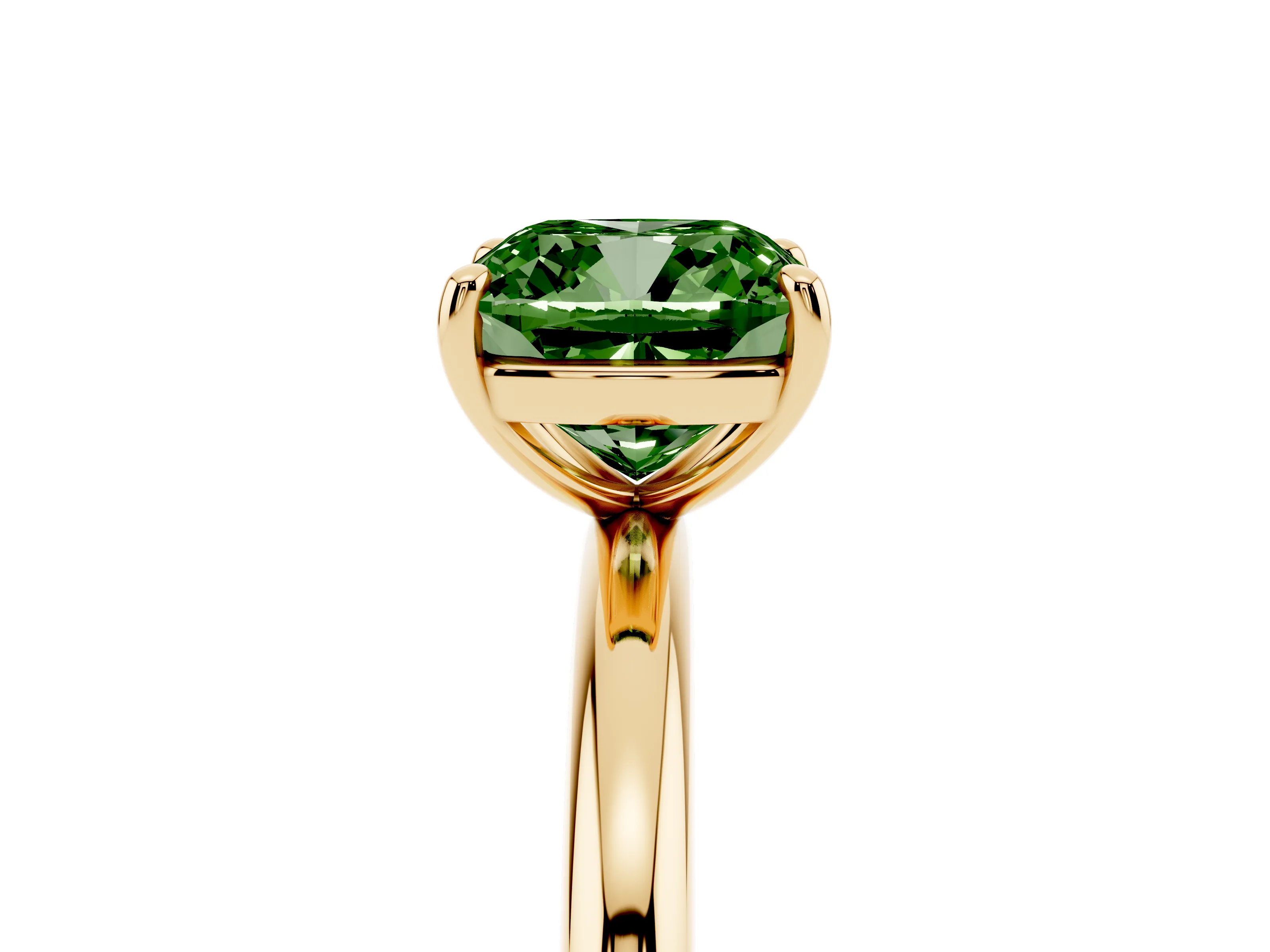 Fancy Green Cushion Cut Diamond Solitaire Ring Set in Yellow gold with Prong Setting on a Polished Plain Band