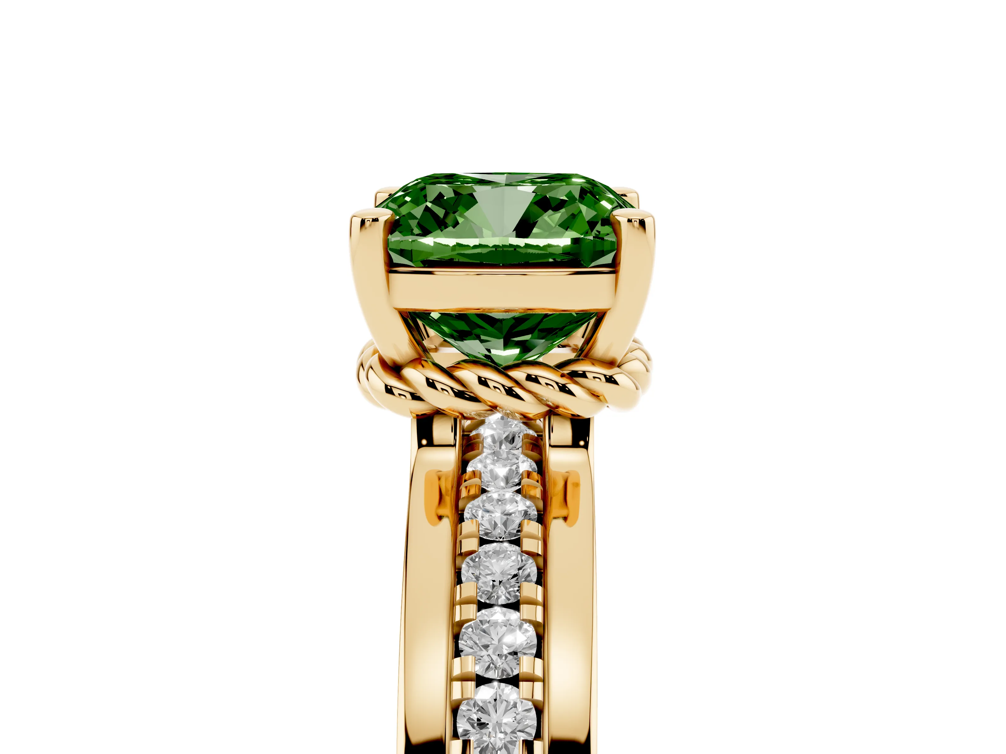 Fancy Green Cushion Cut Diamond Solitaire Ring Set in Yellow gold with Channel Set Band and Prong Setting