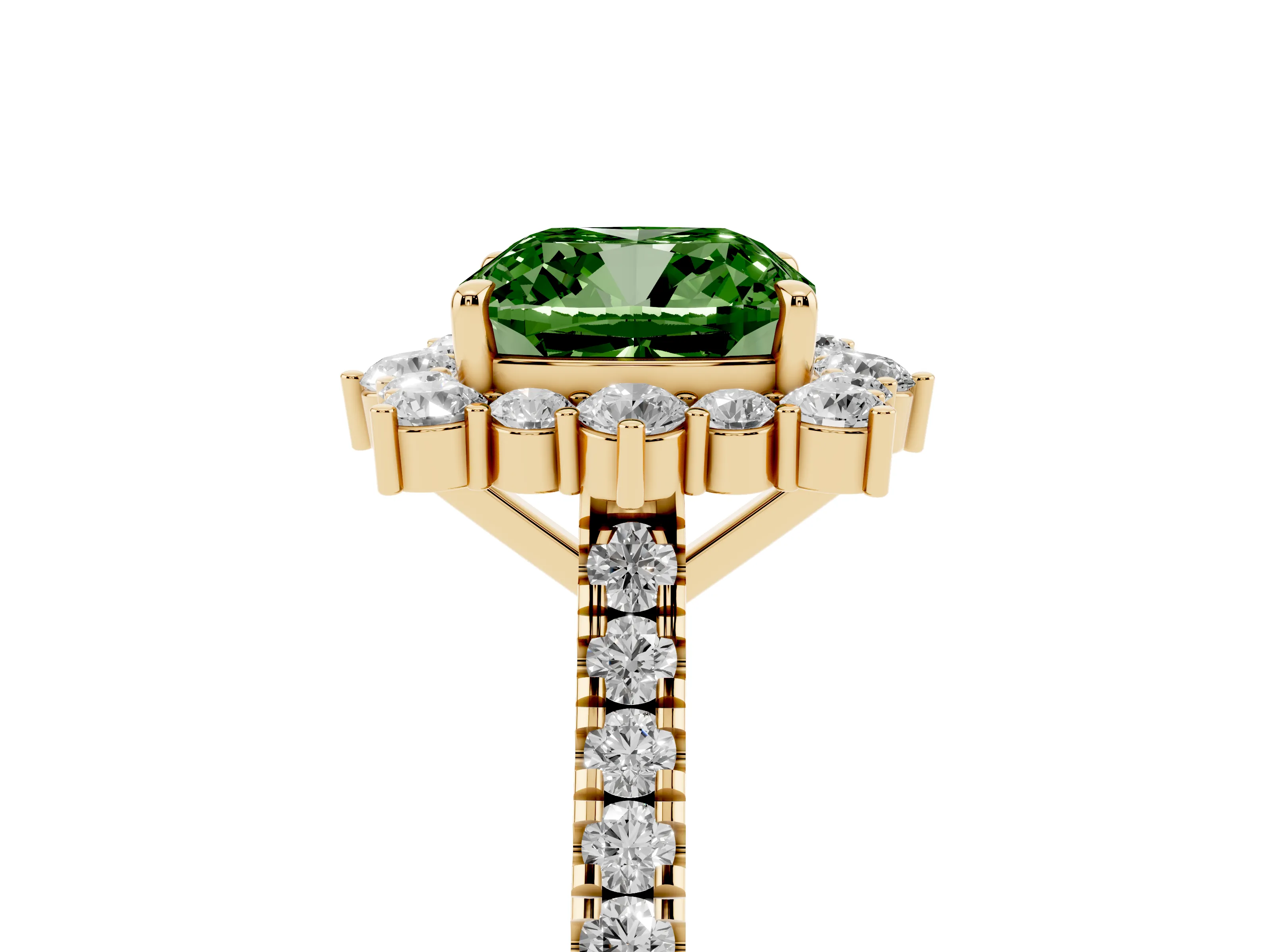Fancy Green Cushion Cut Diamond Halo Ring Set in Yellow gold with Pavé Band and Prong Setting