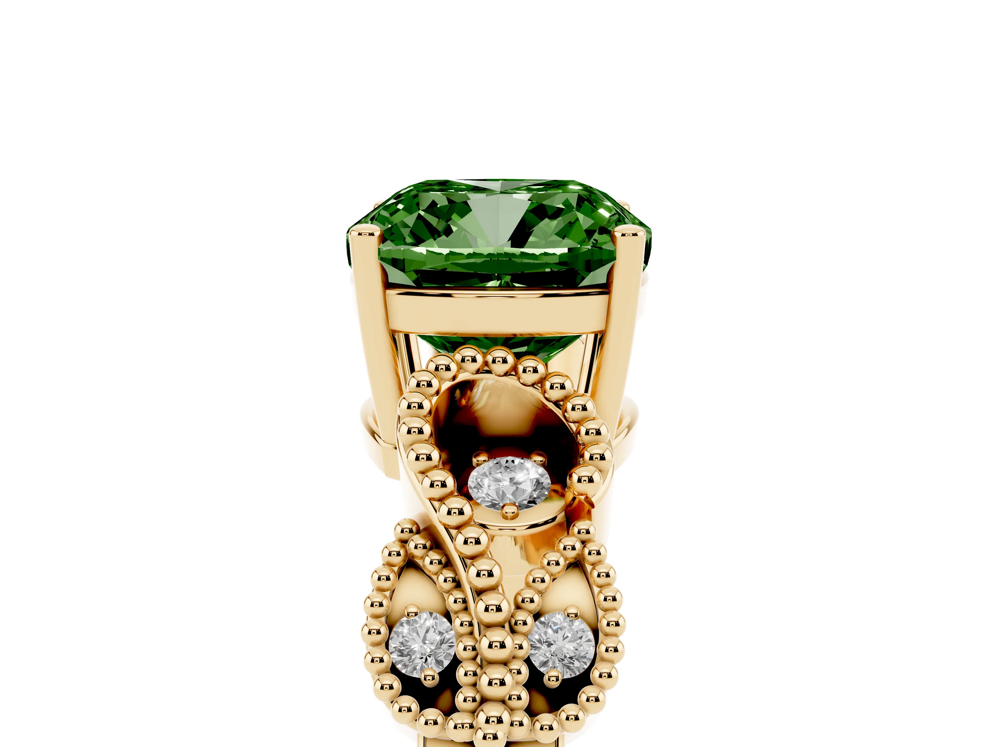 Fancy Green Cushion Cut Diamond Milgrain Leaf Band Solitaire Ring Set in Yellow gold with Accent Stones and Prong Setting