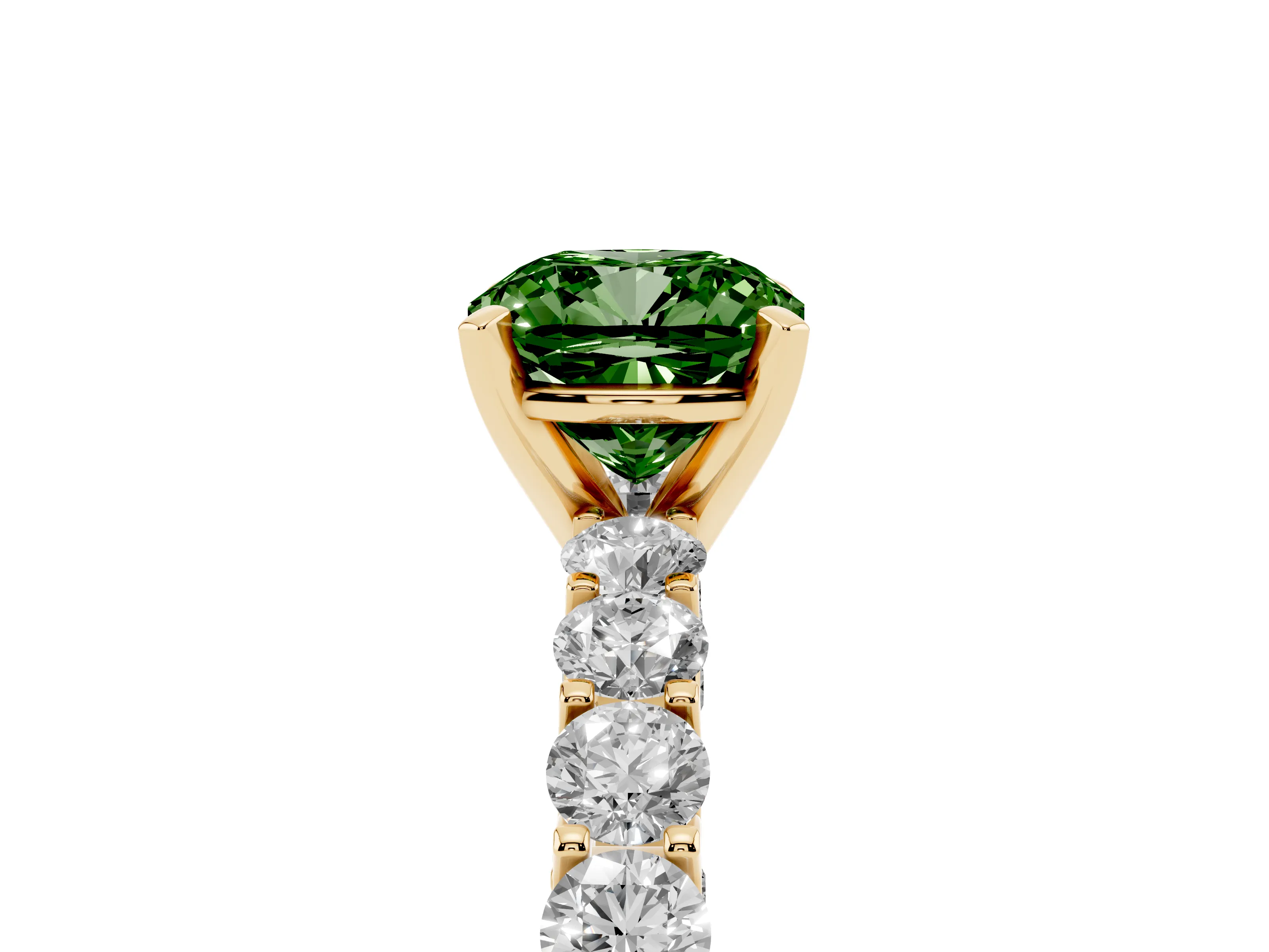 Fancy Green Cushion Cut Diamond Solitaire Ring Set in Yellow gold with Shared Prong Pavé Band