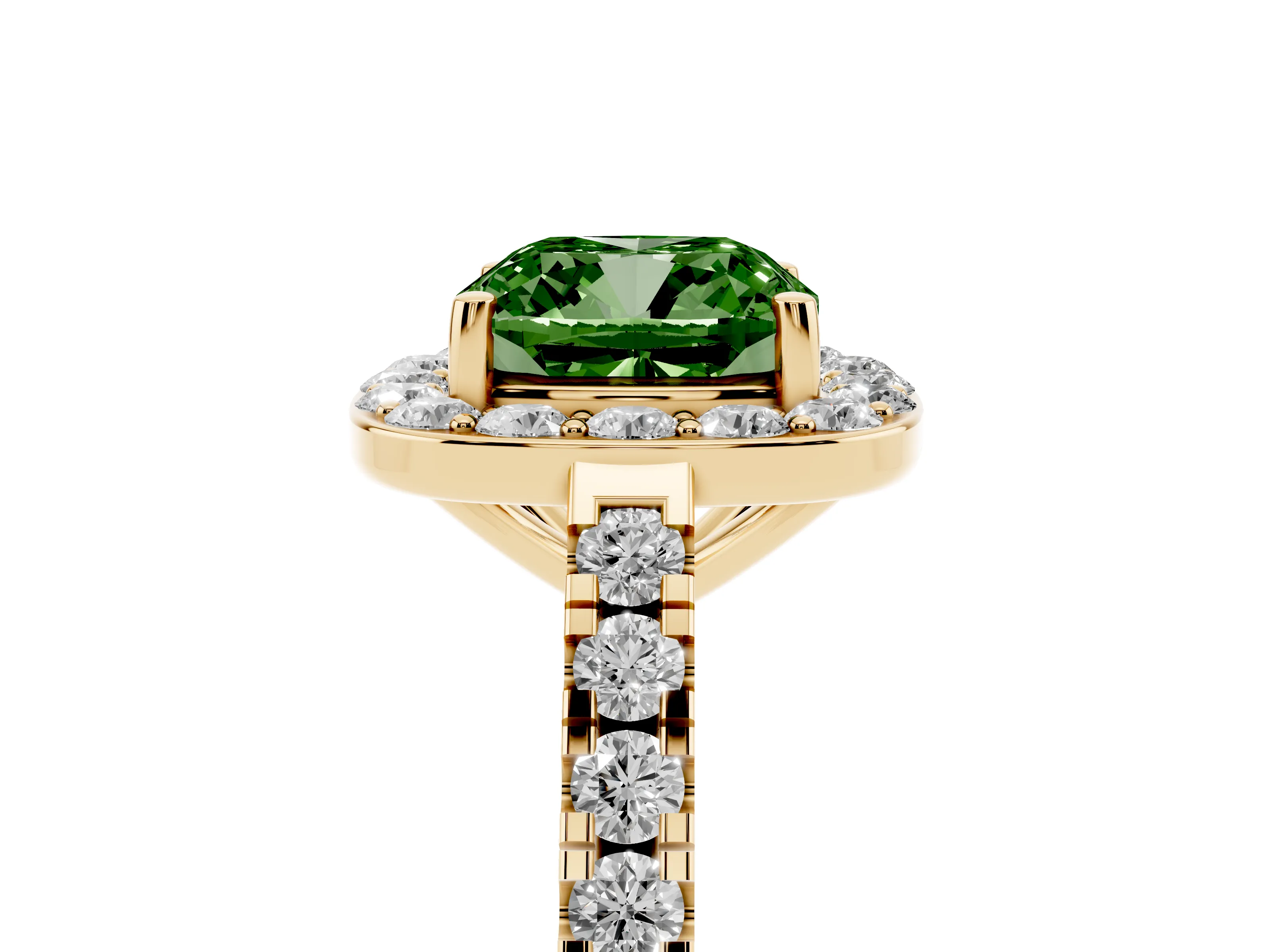 Fancy Green Cushion Cut Diamond Halo Ring Set in Yellow gold with Round Pavé Split Shank and Prong Setting