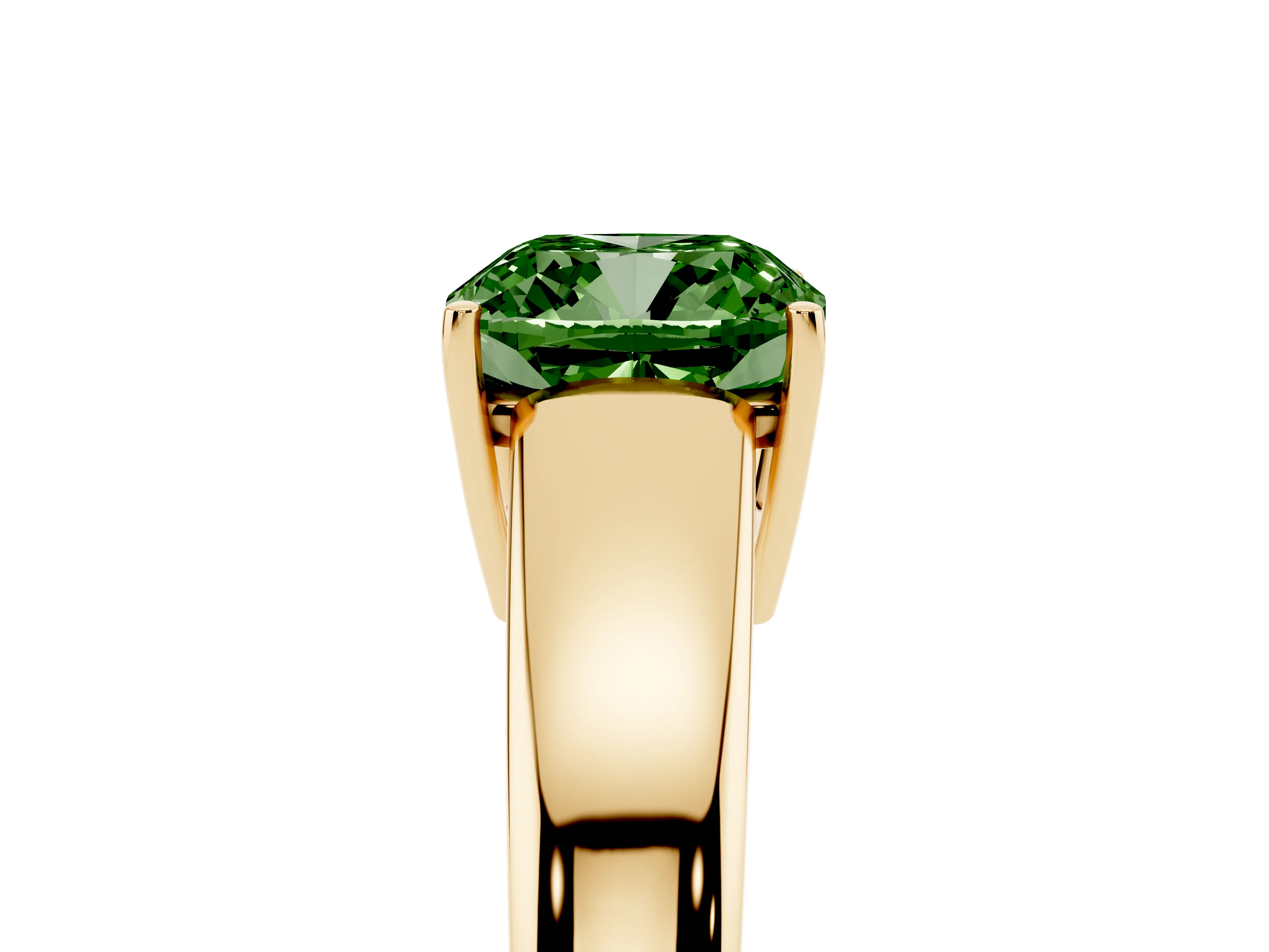 Fancy Green Cushion Cut Diamond Solitaire Ring Set in Yellow gold with Tapered Band and Prong Setting