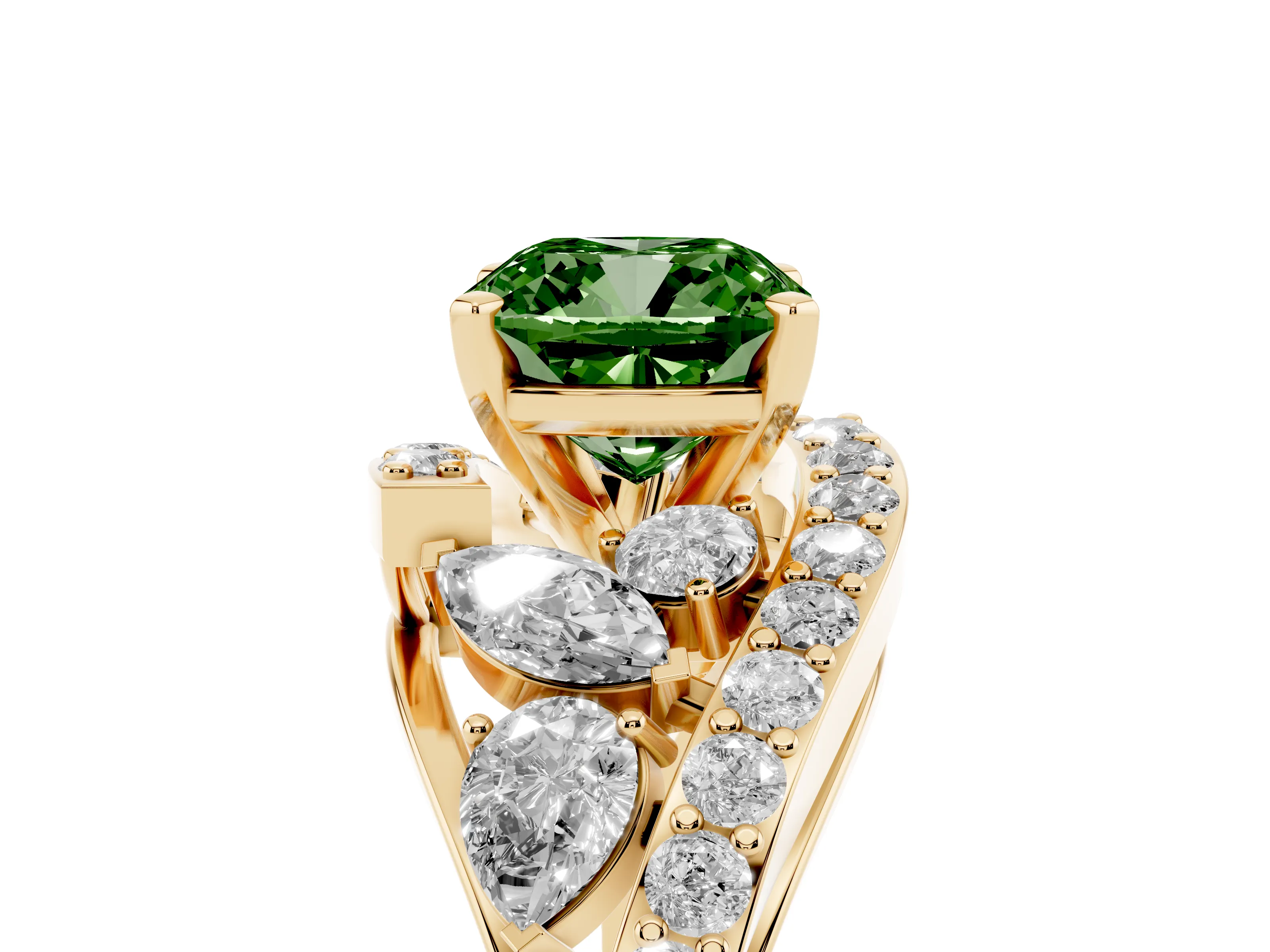 Fancy Green Cushion Cut Diamond Halo Ring Set in Yellow gold with Marquise and Pavé Band in Prong Setting