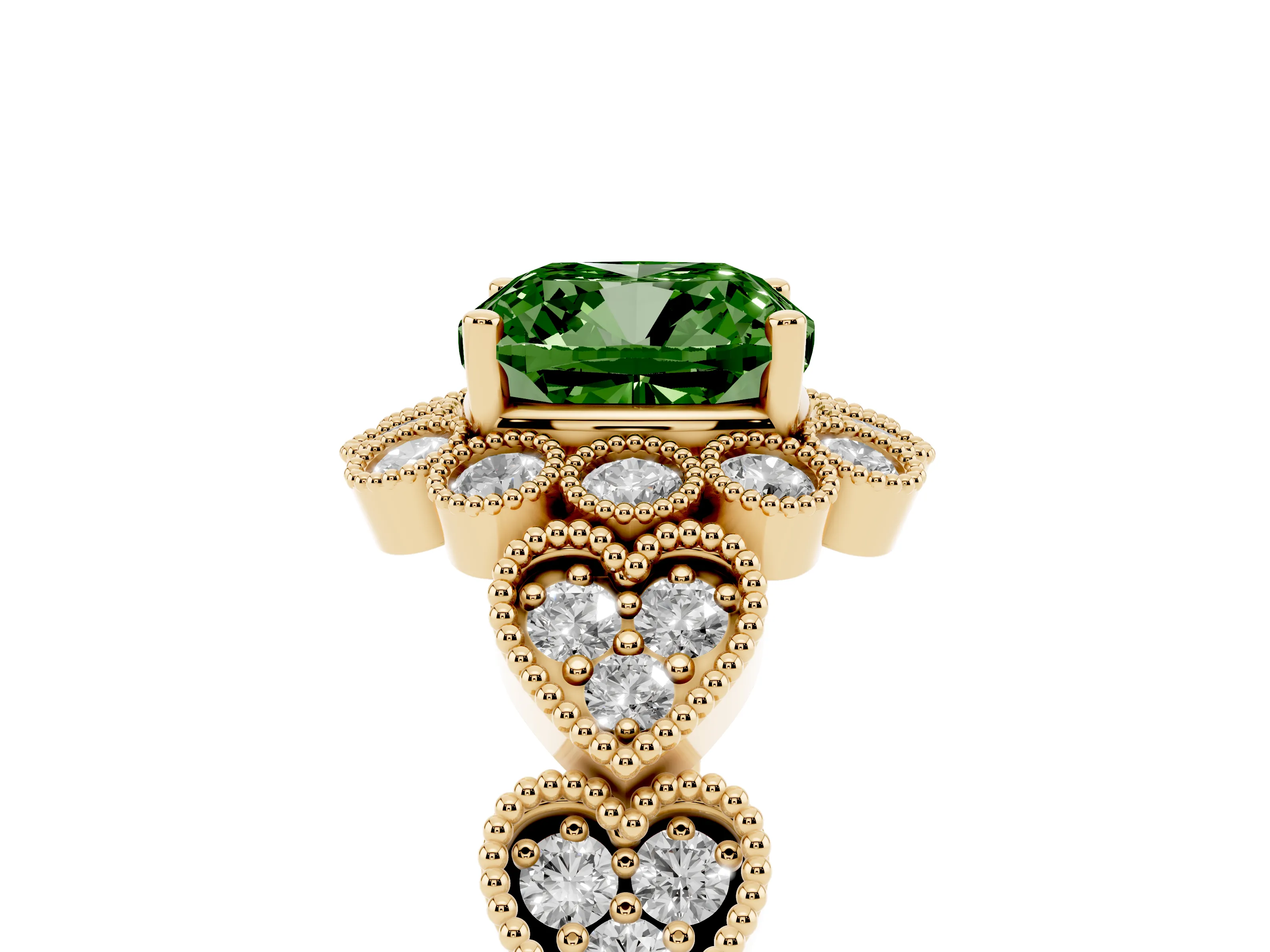 Fancy Green Cushion Cut Diamond Solitaire Ring Set in Yellow gold with Milgrain Pavé Heart Band