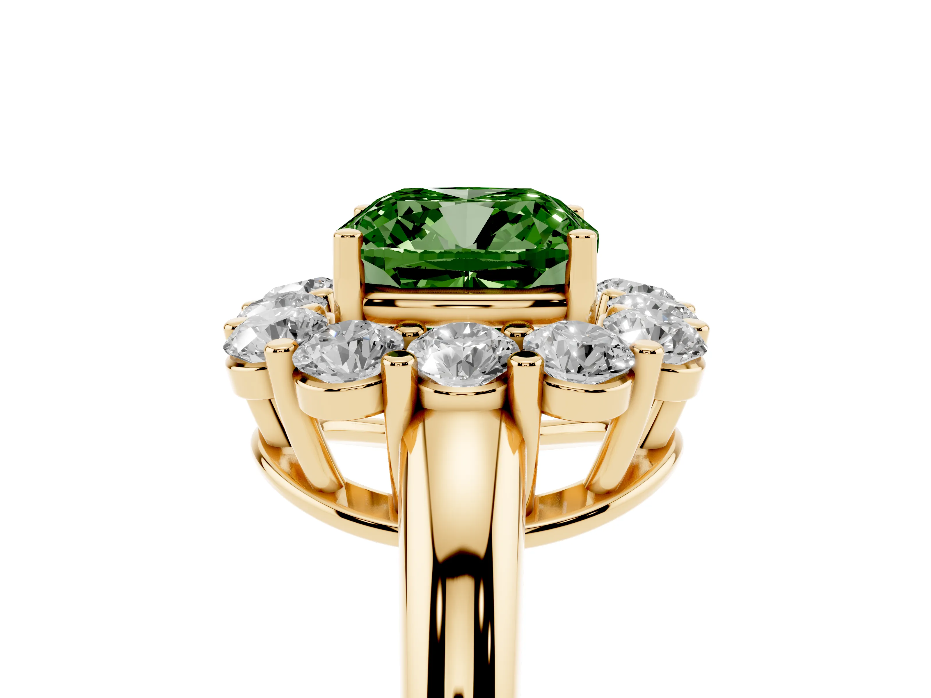 Fancy Green Cushion Cut Diamond Halo Cluster Engagement Ring Set in Yellow gold with Polished Band and Prong Setting