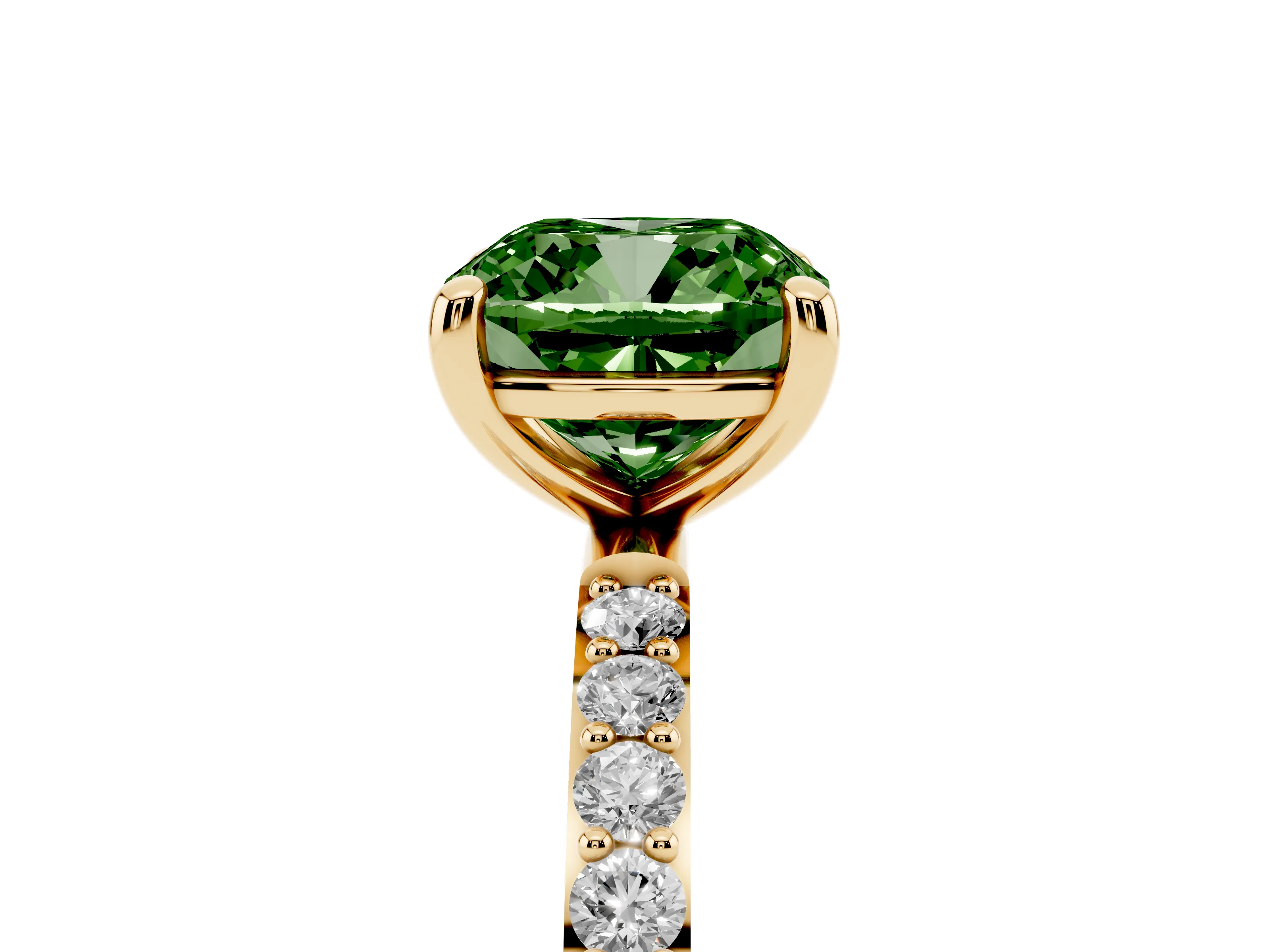 Fancy Green Cushion Cut Diamond Solitaire Ring Set in Yellow gold with Round Pavé Band and Prong Setting