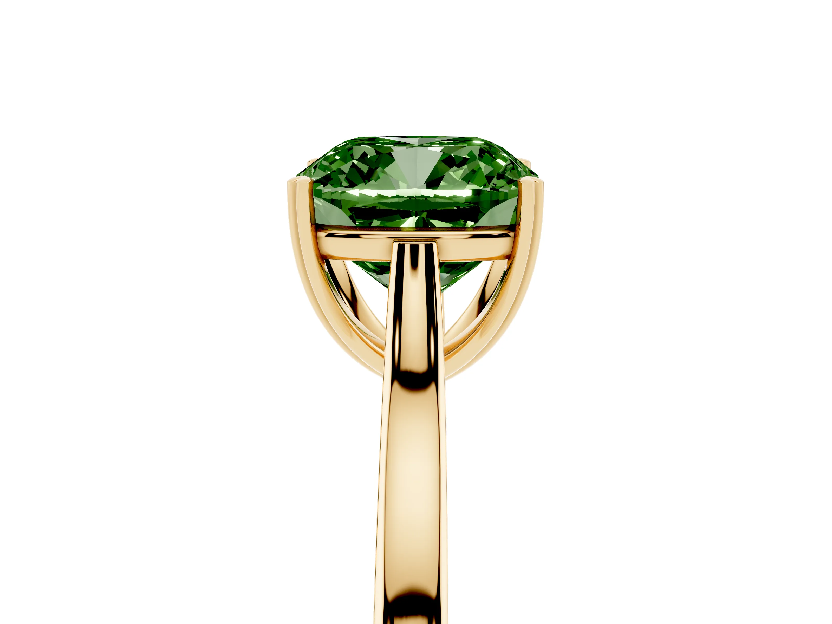 Fancy Green Cushion Cut Diamond Solitaire Heart Prong Engagement Ring Set in Yellow gold with Tapered Band