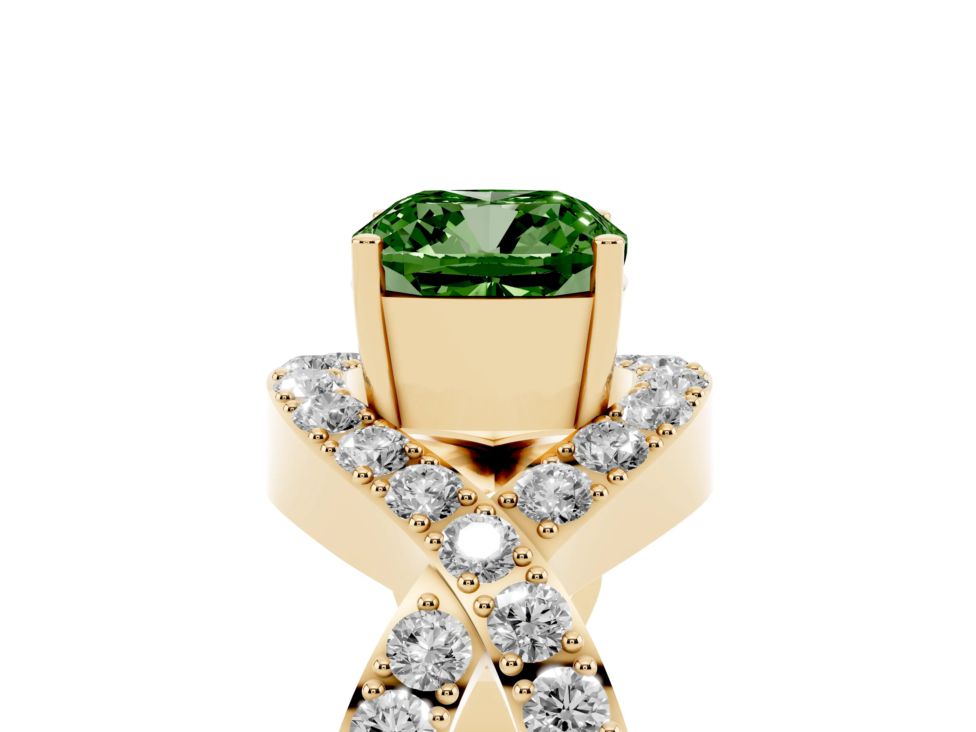 Fancy Green Cushion Cut Diamond Solitaire Twist Band Pavé Engagement Ring Set in Yellow gold