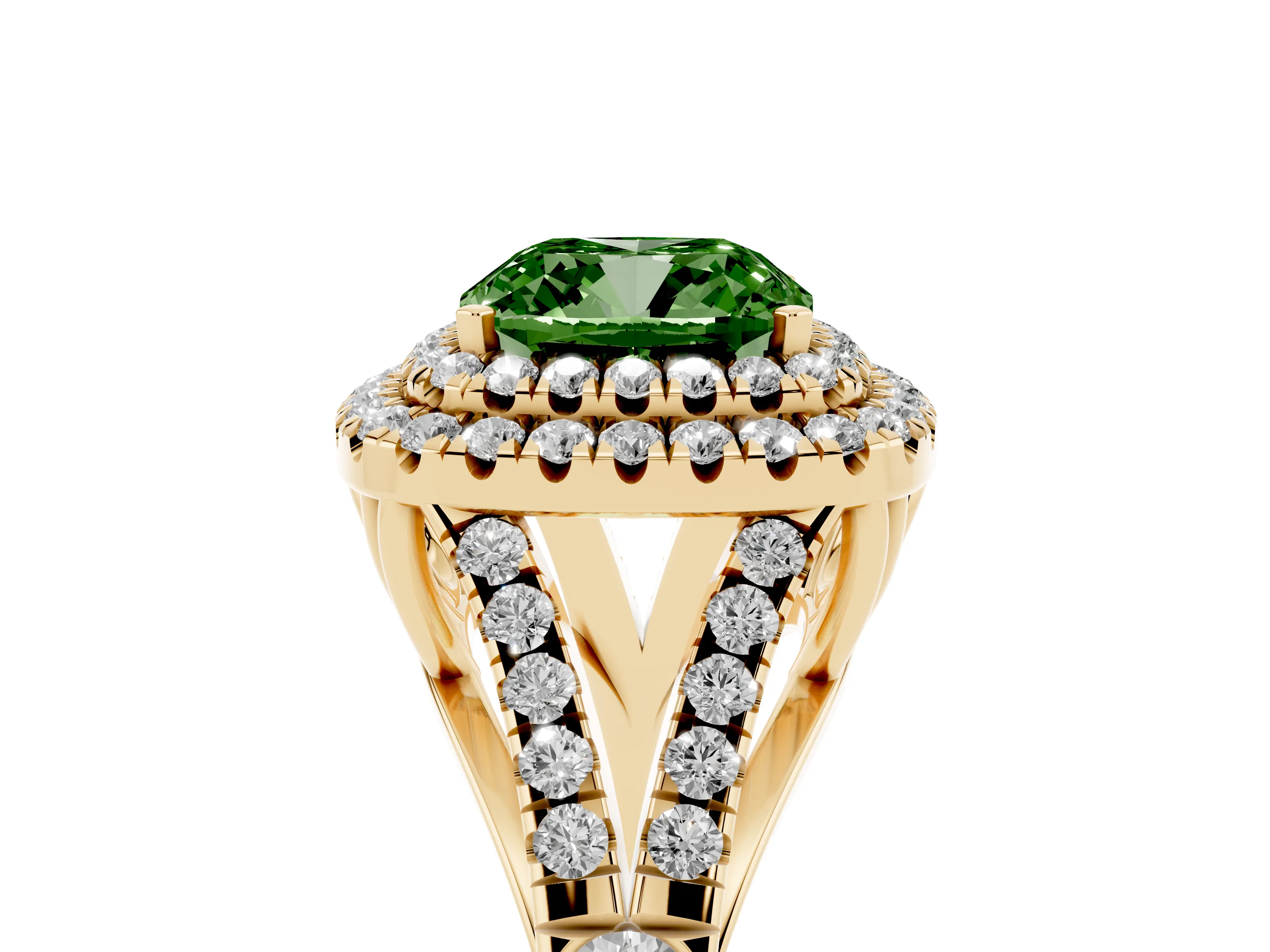 Fancy Green Cushion Cut Diamond Pavé Split Shank Double Halo Engagement Ring Set in Yellow gold