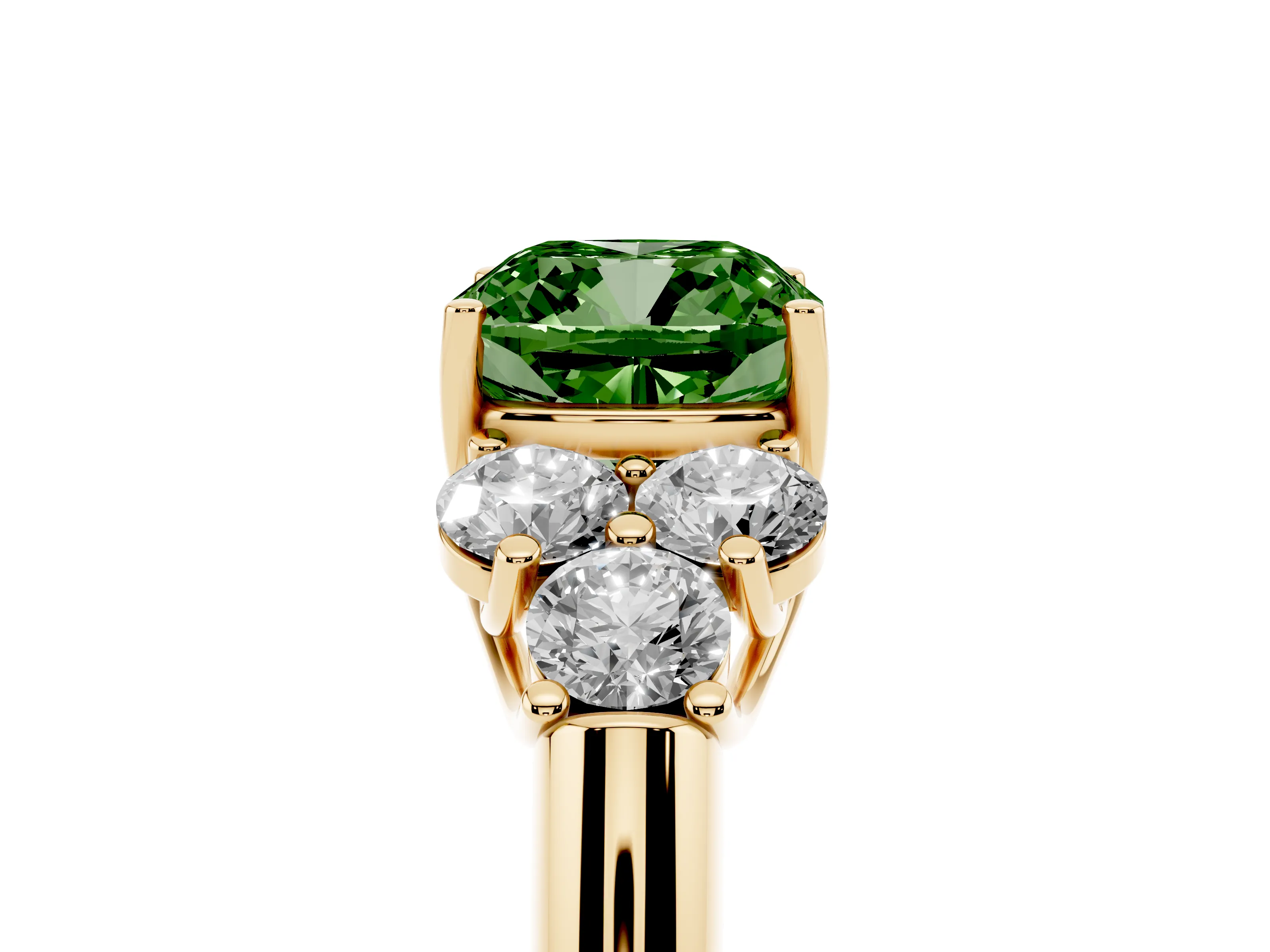 Fancy Green Cushion Cut Diamond Cluster Ring Set in Yellow gold with Round Accent Stones and Prong Setting on a Plain Band