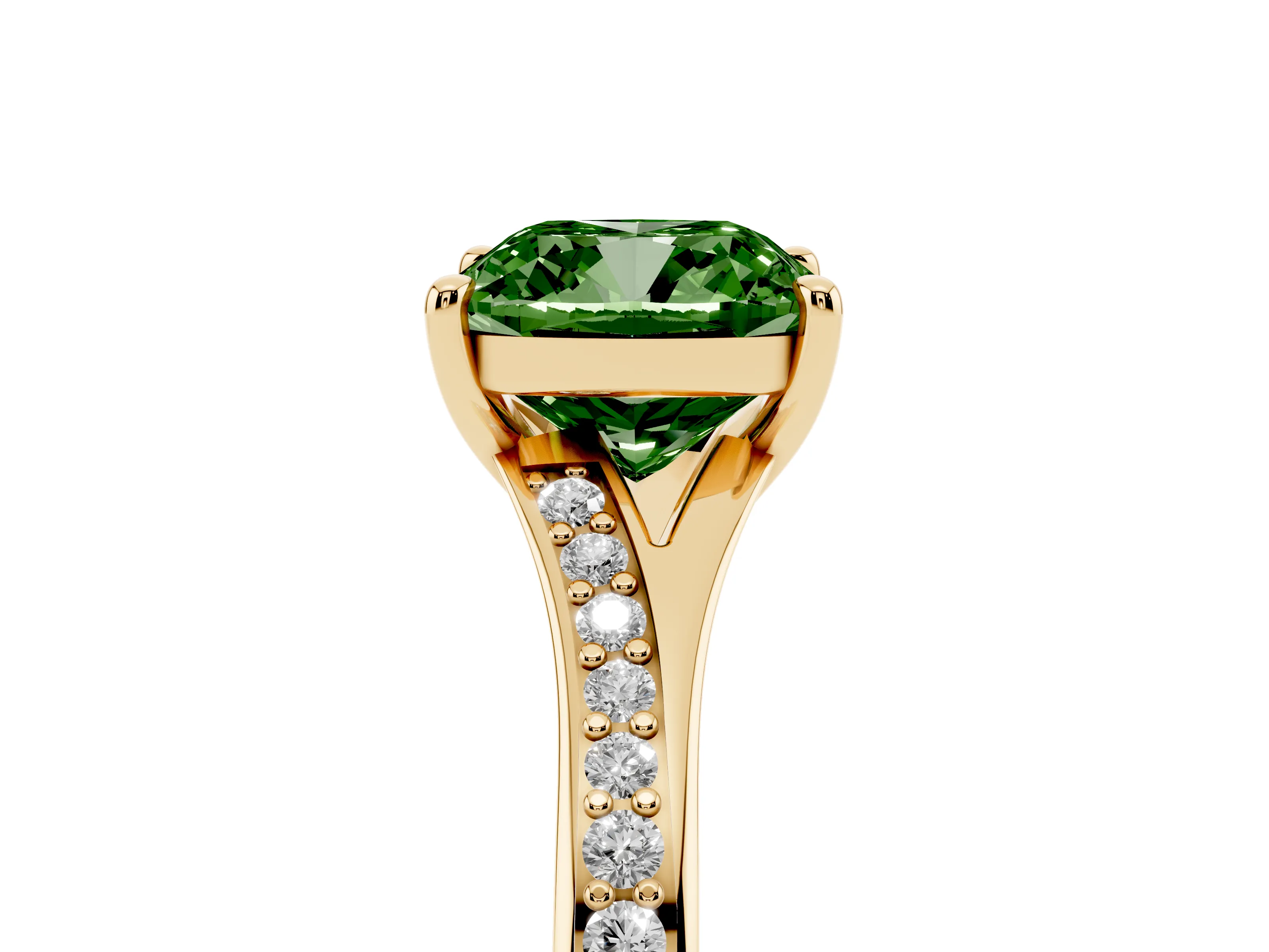 Fancy Green Cushion Cut Diamond Solitaire Ring Set in Yellow gold with Pavé Accent Band and Classic Prong Setting