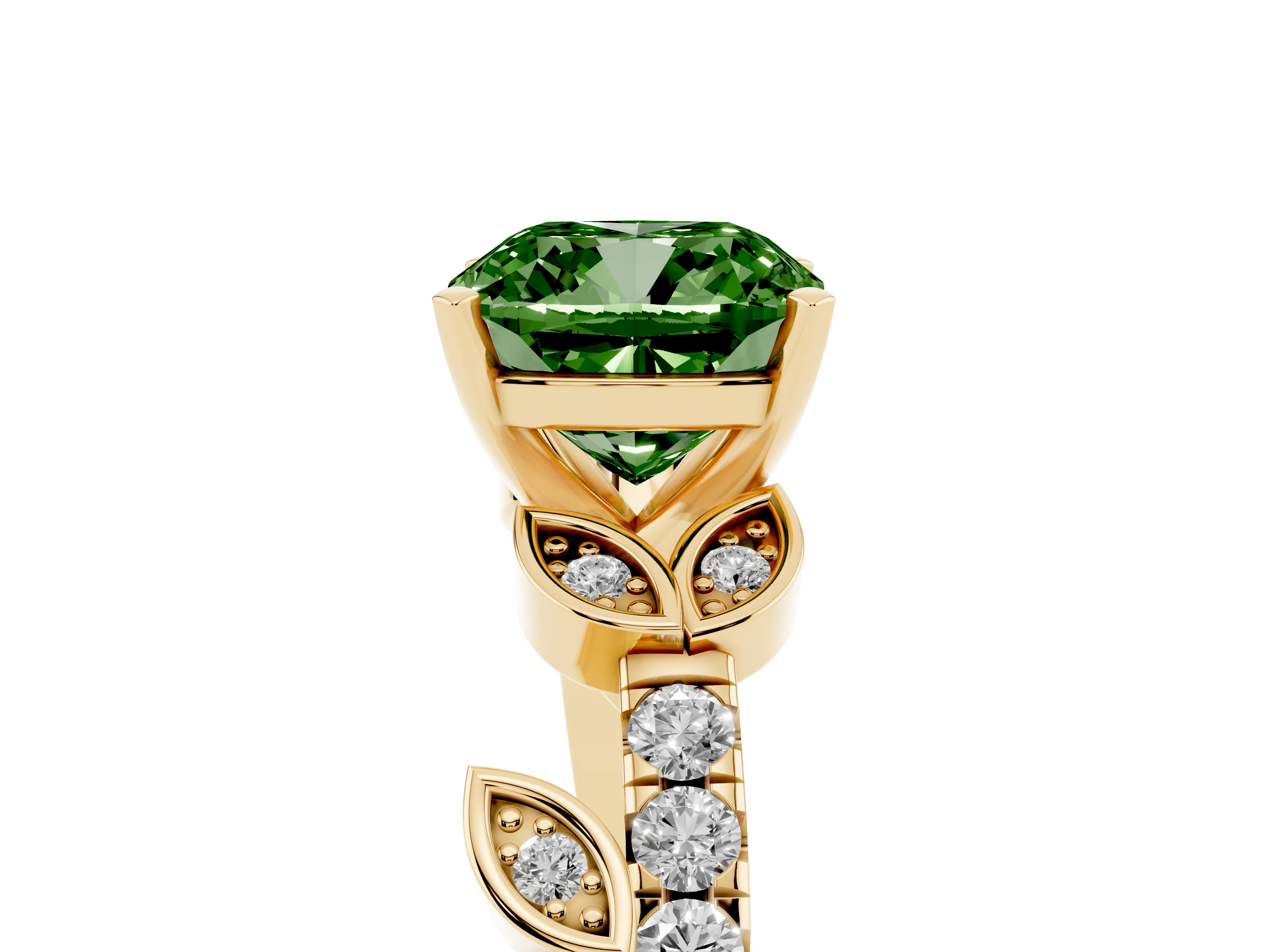 Fancy Green Cushion Cut Diamond Solitaire Leaf-Inspired Ring Set in Yellow gold with Pavé Band and Prong Setting