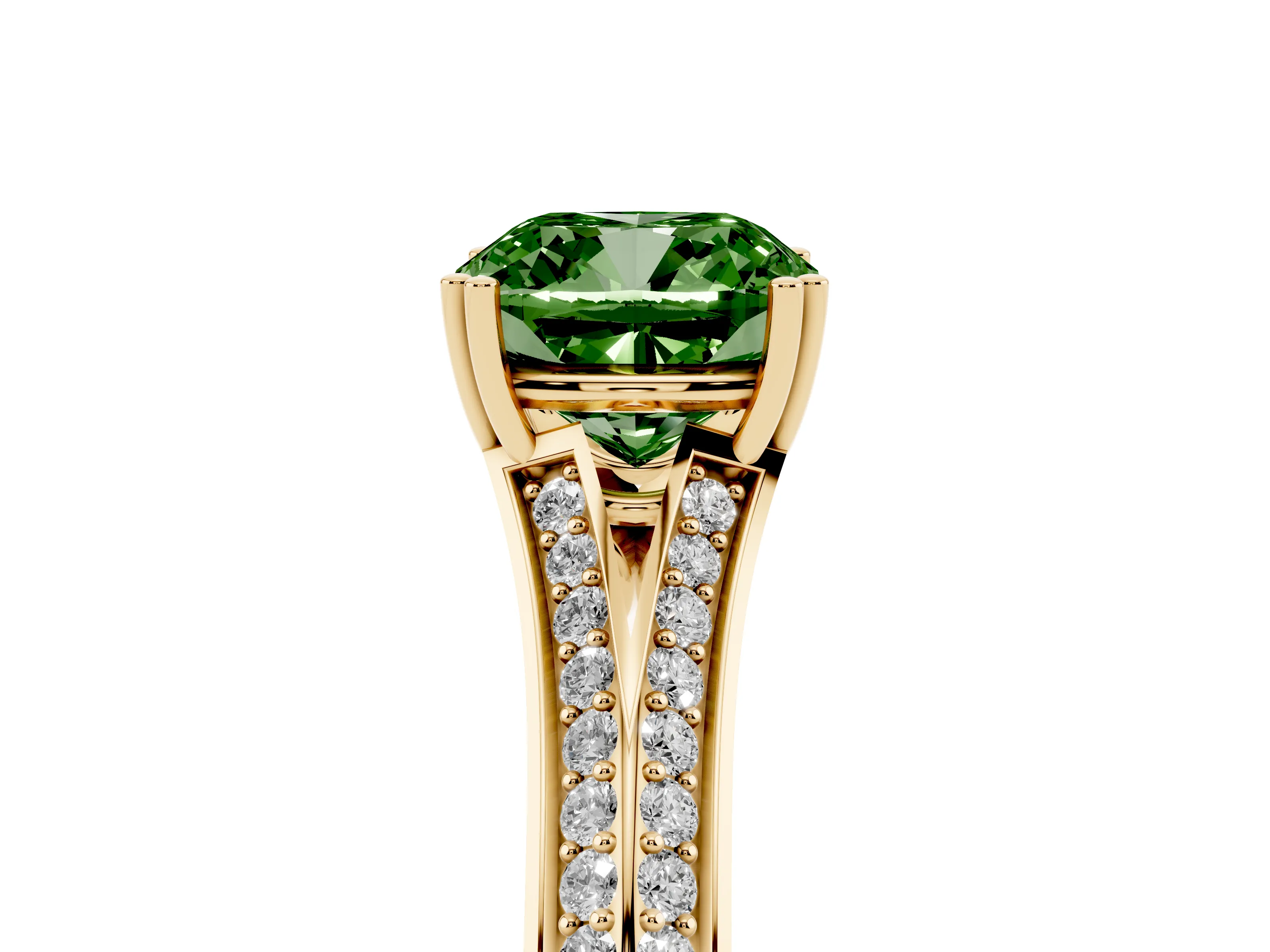 Fancy Green Cushion Cut Diamond Split Shank Pavé Engagement Ring Set in Yellow gold with Prong-Set Center Stone