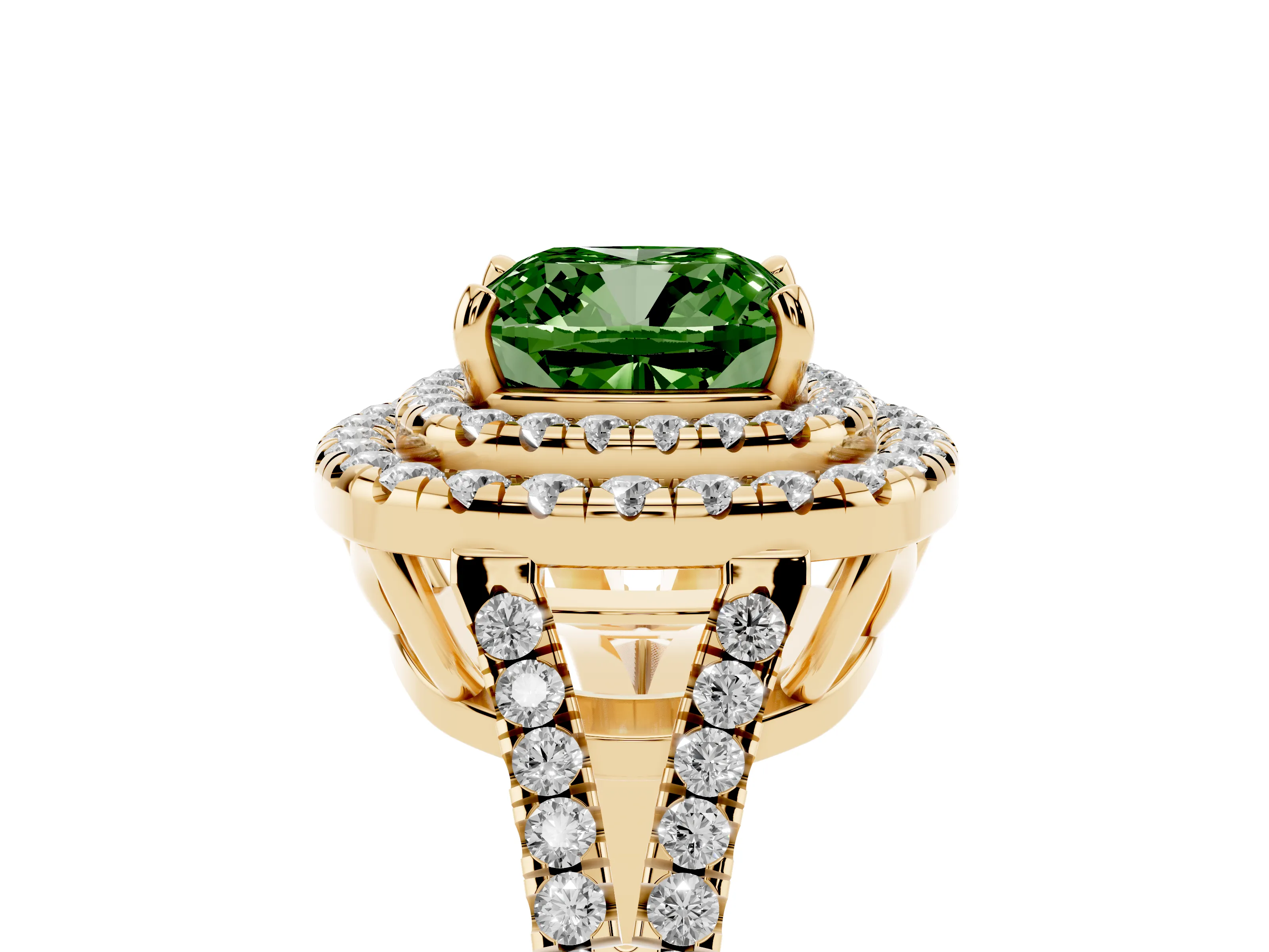 Fancy Green Cushion Cut Diamond Double Halo Ring Set in Yellow gold with Pavé Band