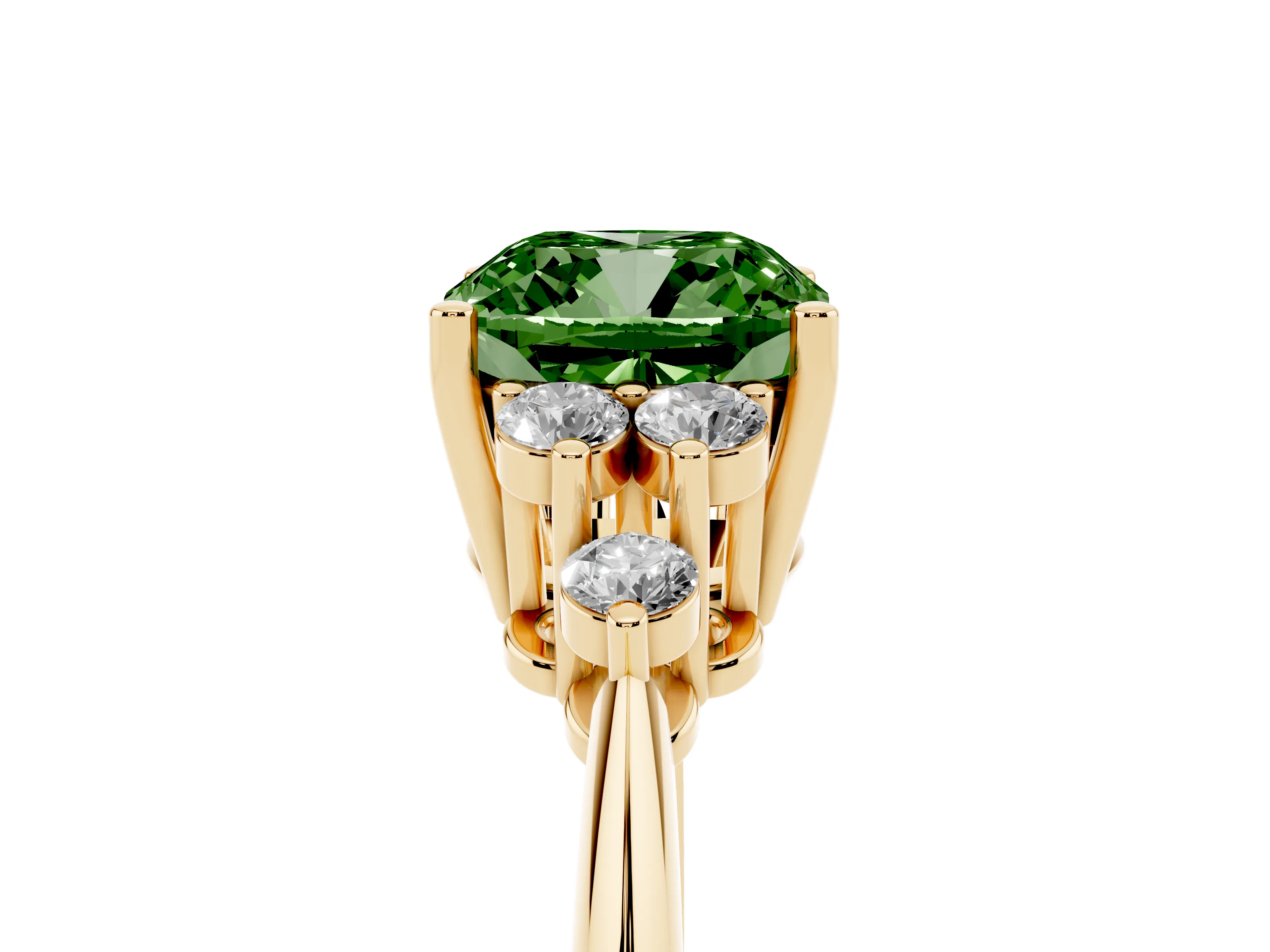 Fancy Green Cushion Cut Diamond Cluster Ring Set in Yellow gold with Plain Band and Prong Setting