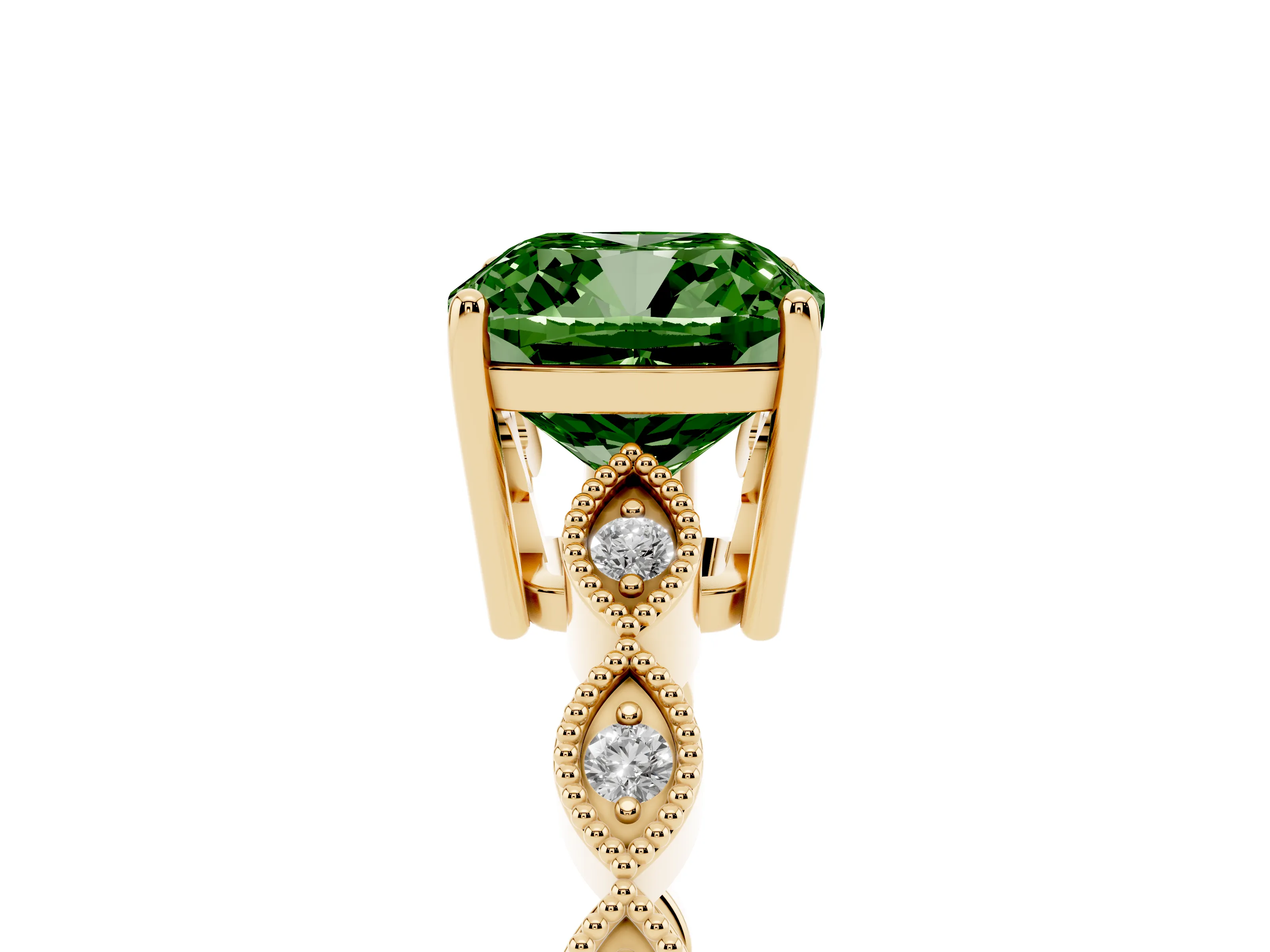 Fancy Green Cushion Cut Diamond Solitaire Ring Set in Yellow gold with Infinity Twist Pavé Band