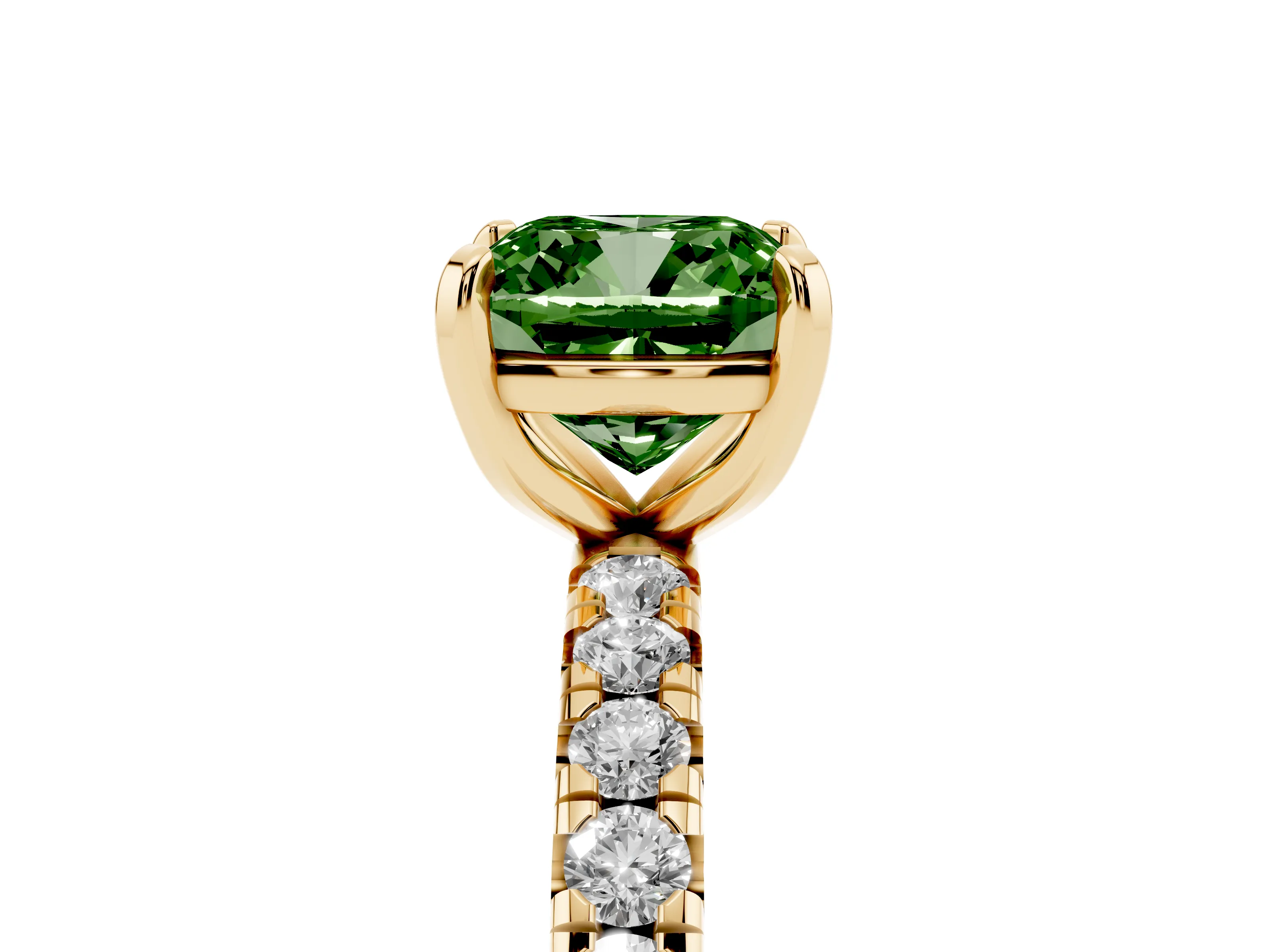 Fancy Green Cushion Cut Diamond Pavé Solitaire Ring Set in Yellow gold with Round Band and Prong Setting