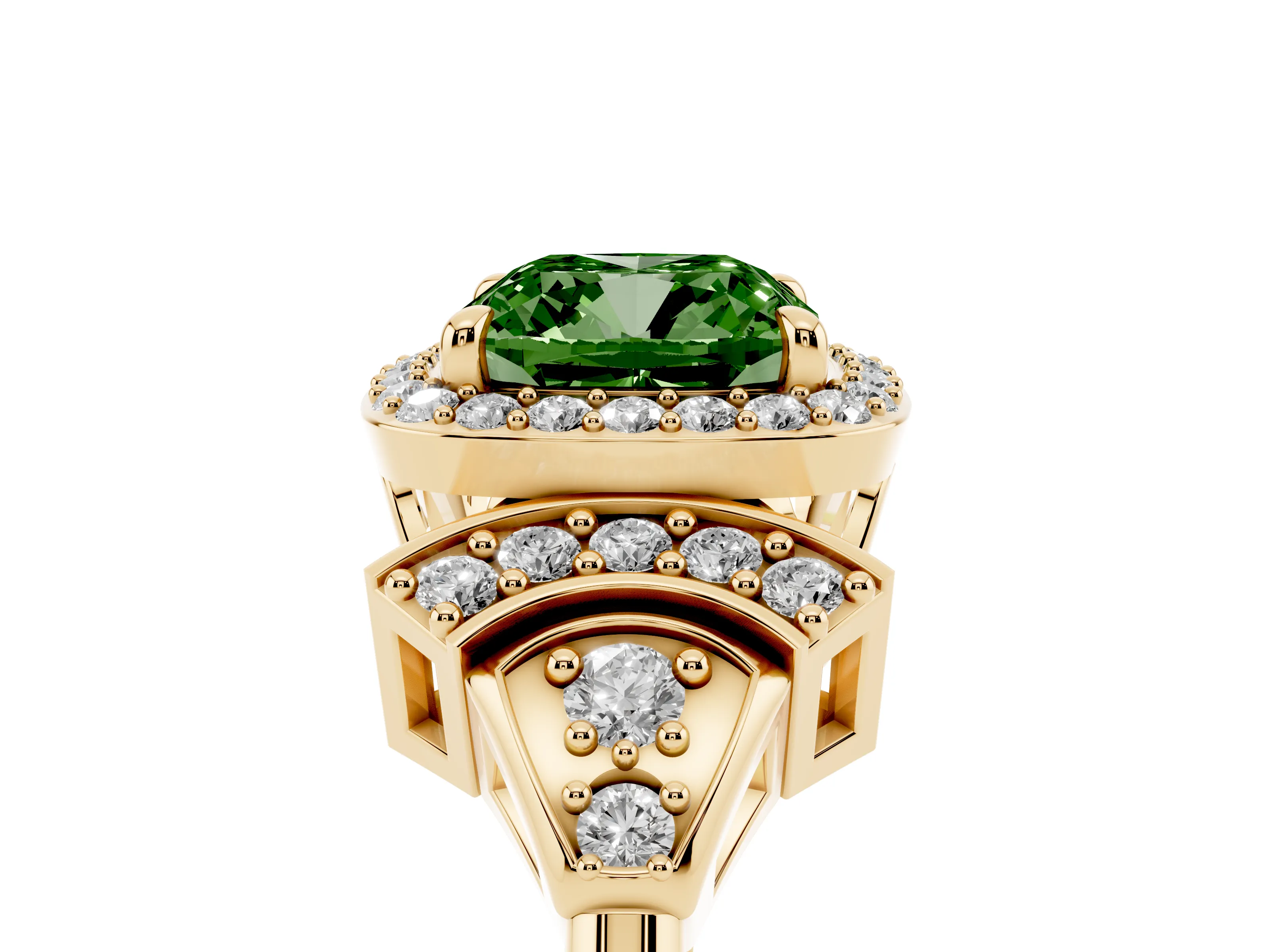 Fancy Green Cushion Cut Diamond Halo Engagement Ring Set in Yellow gold with Accent Stone Split Shank
