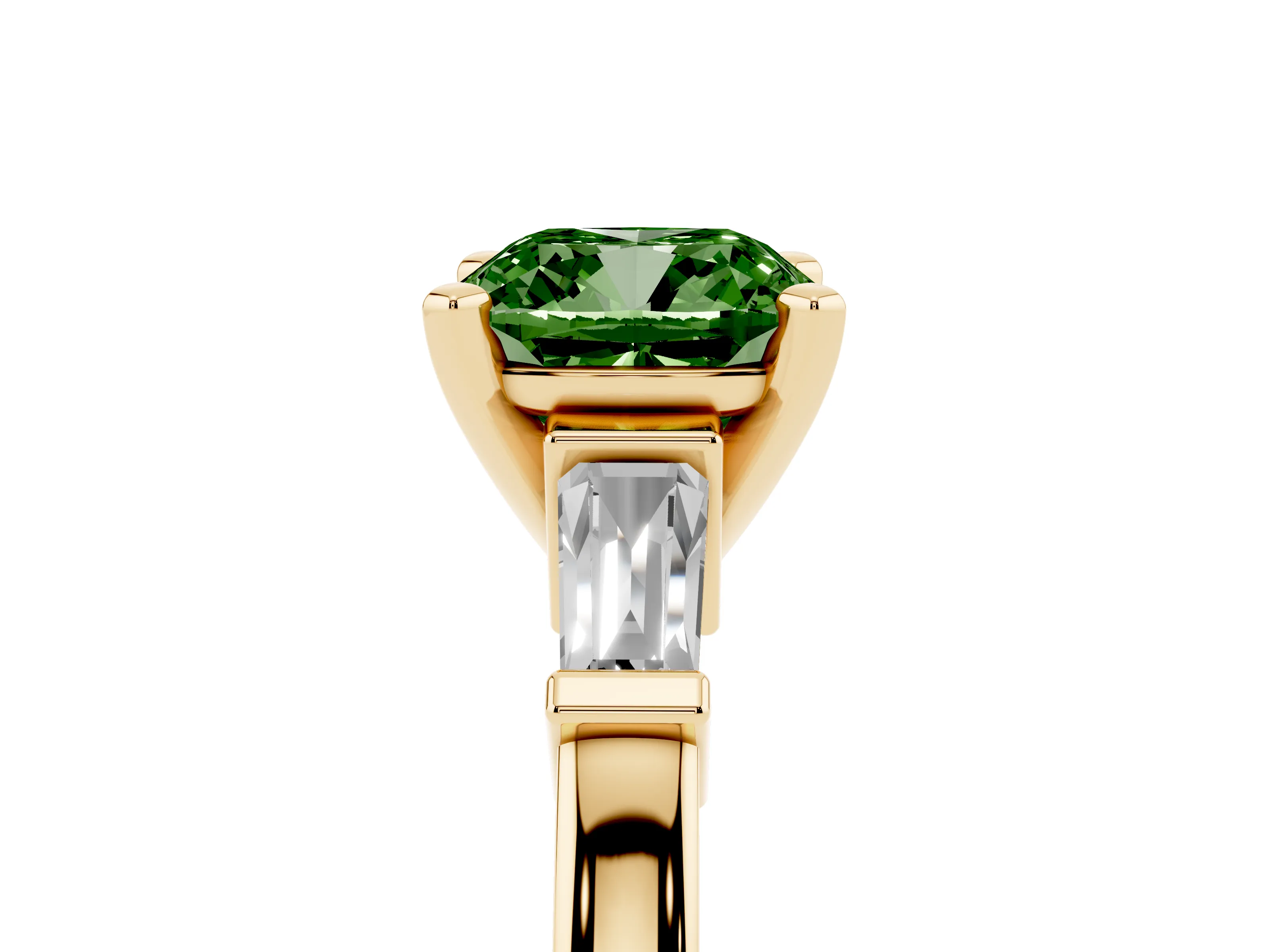 Fancy Green Cushion Cut Diamond Solitaire Ring Set in Yellow gold with Tapered Baguette Accents and Prong Setting