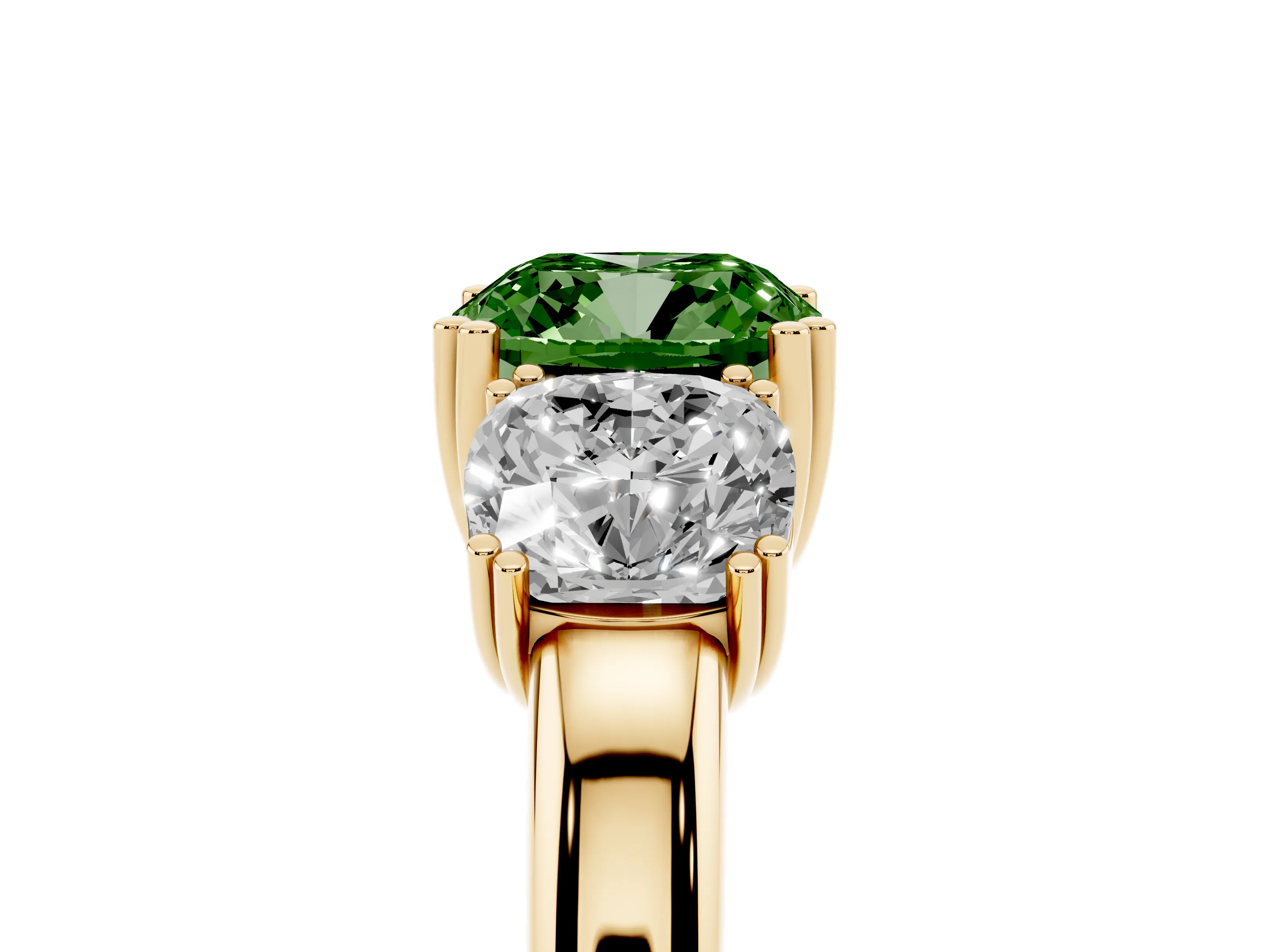 Fancy Green Cushion Cut Diamond Three-Stone Ring Set in Yellow gold with Polished Band and Prong Setting