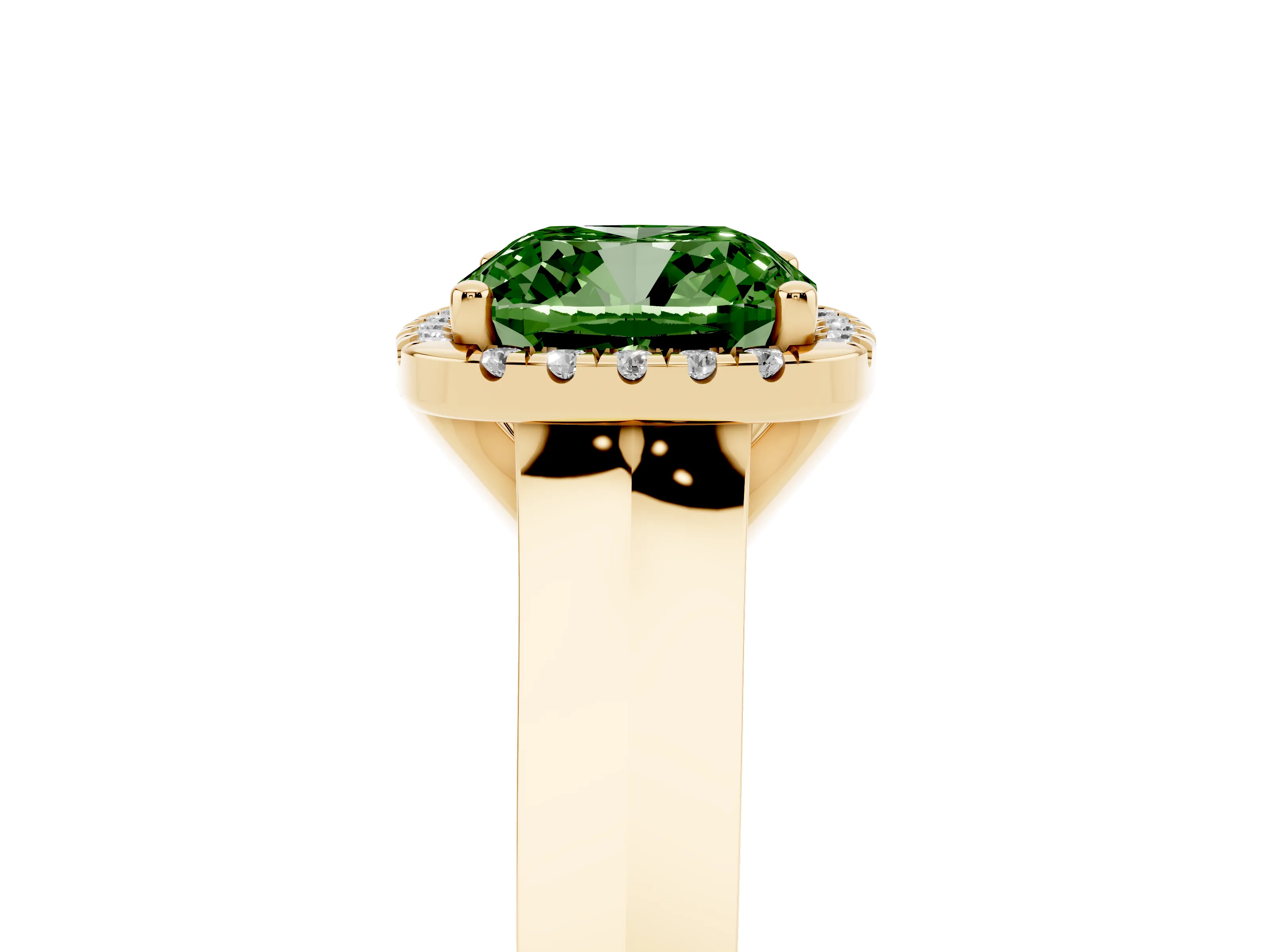 Fancy Green Cushion Cut Diamond Halo Ring Set in Yellow gold with Cathedral Band and Prong Setting