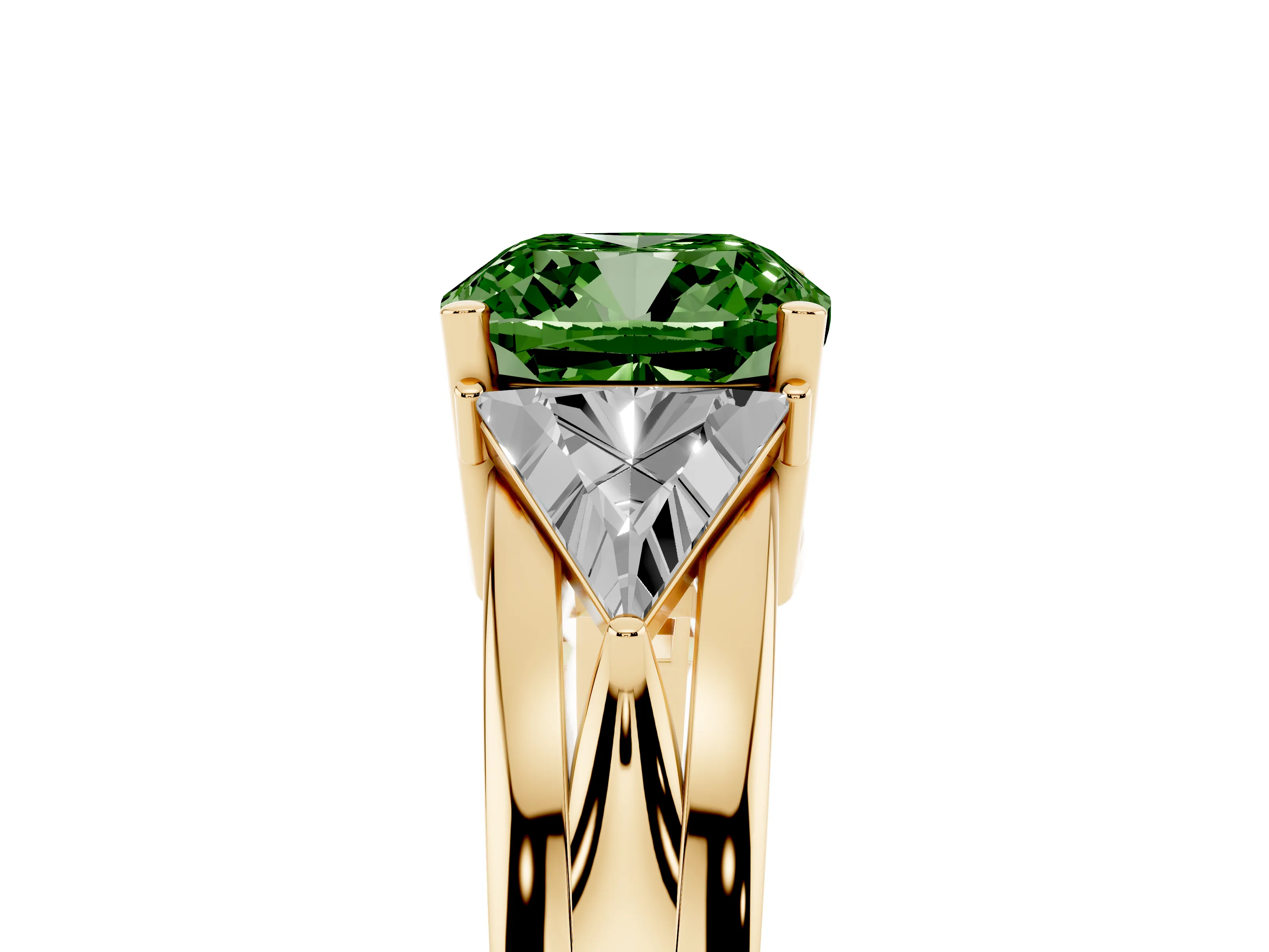 Fancy Green Cushion Cut Diamond Three-Stone Ring Set in Yellow gold with Trillion Side Stones and Split Shank