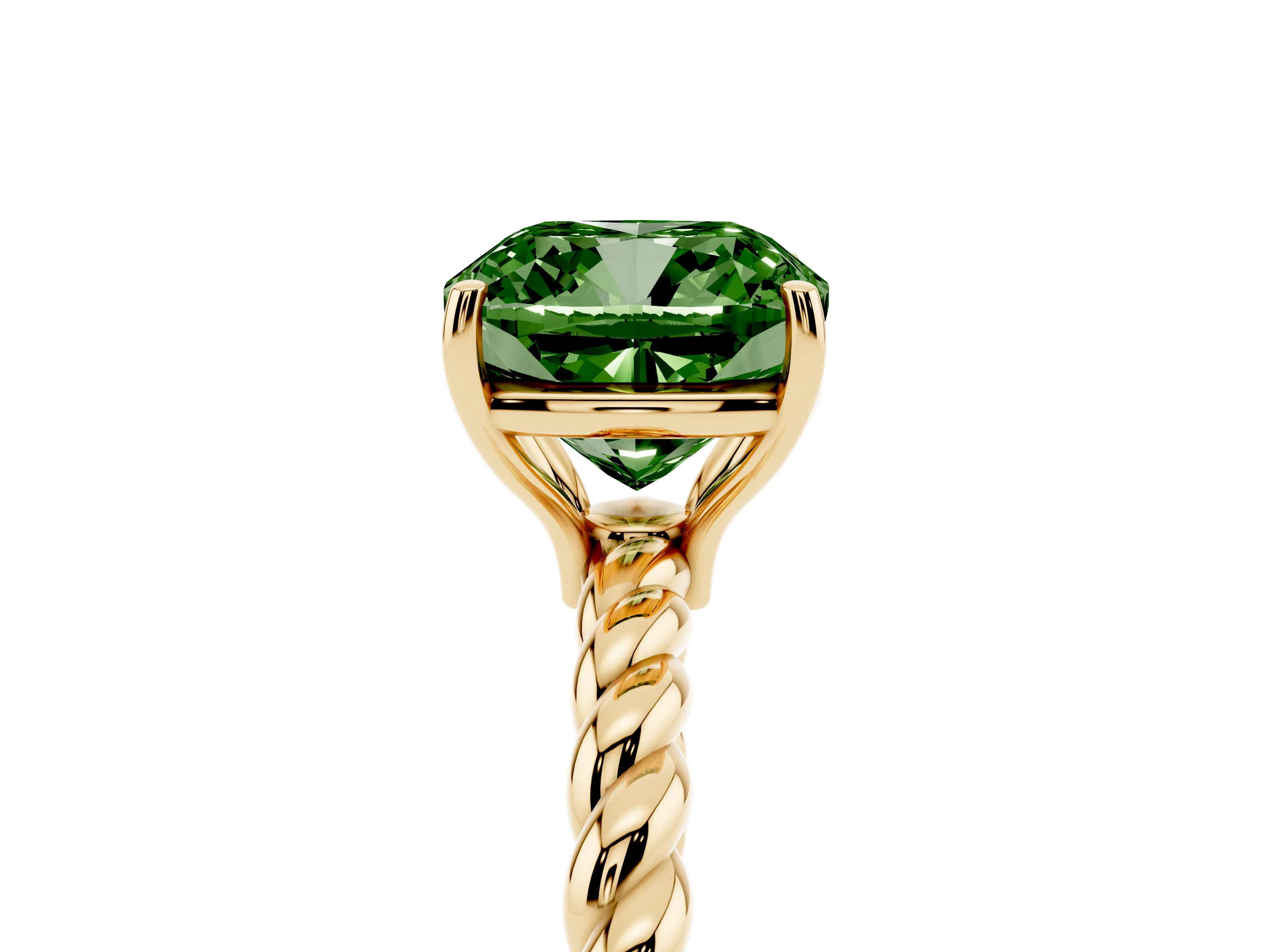Fancy Green Cushion Cut Diamond Solitaire Ring Set in Yellow gold with Twist Band and Prong Setting