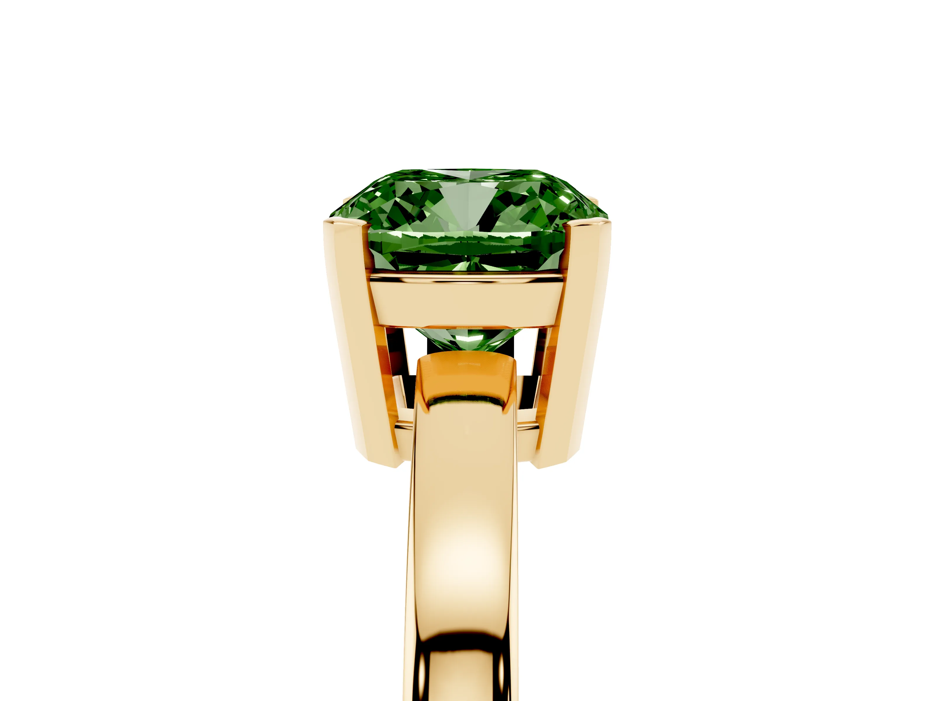 Fancy Green Cushion Cut Diamond Solitaire Ring Set in Yellow gold with Prong Head and Smooth Polished Band