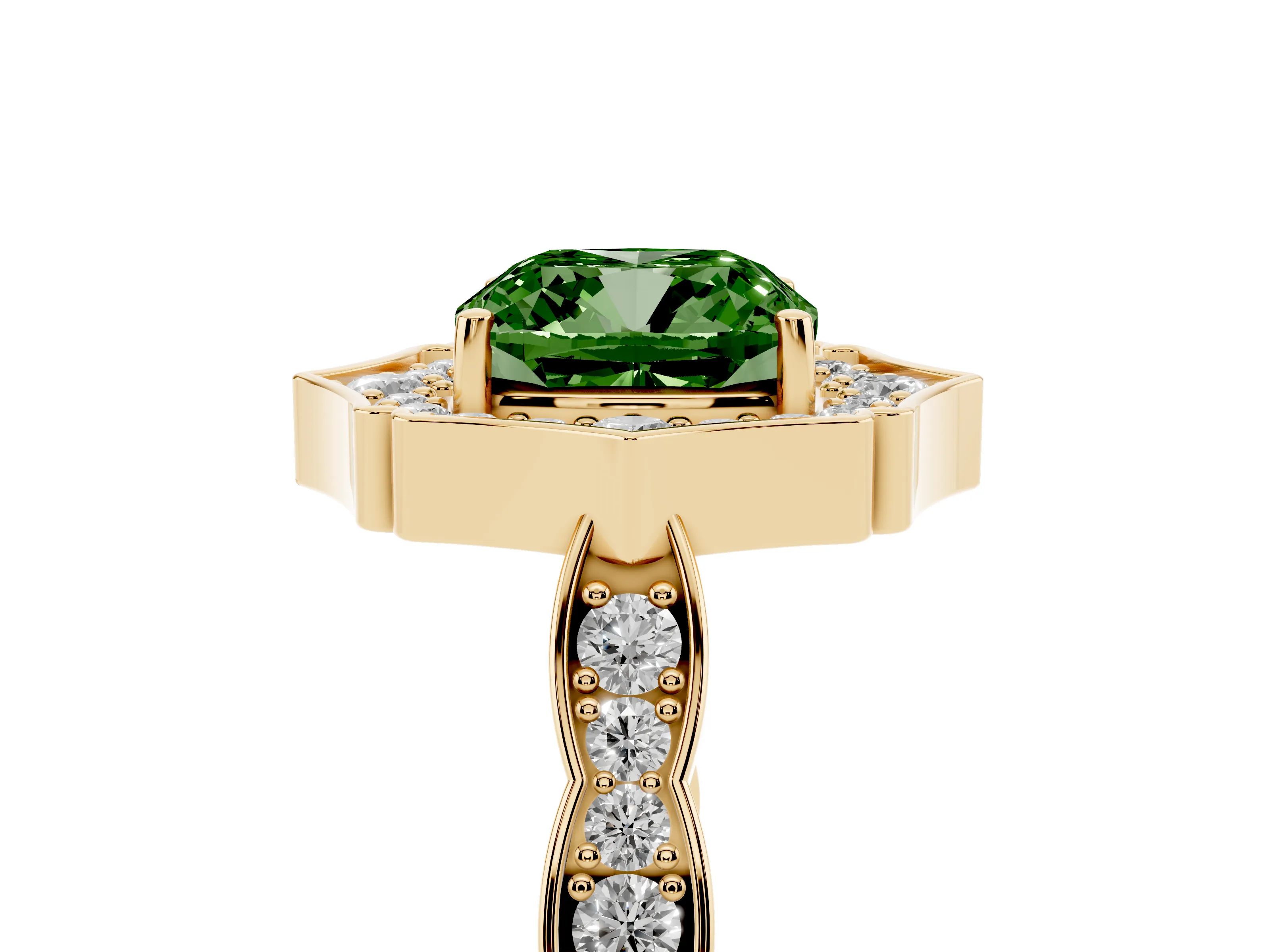 Fancy Green Cushion Cut Diamond Halo Engagement Ring Set in Yellow gold with Milgrain Band and Prong Setting