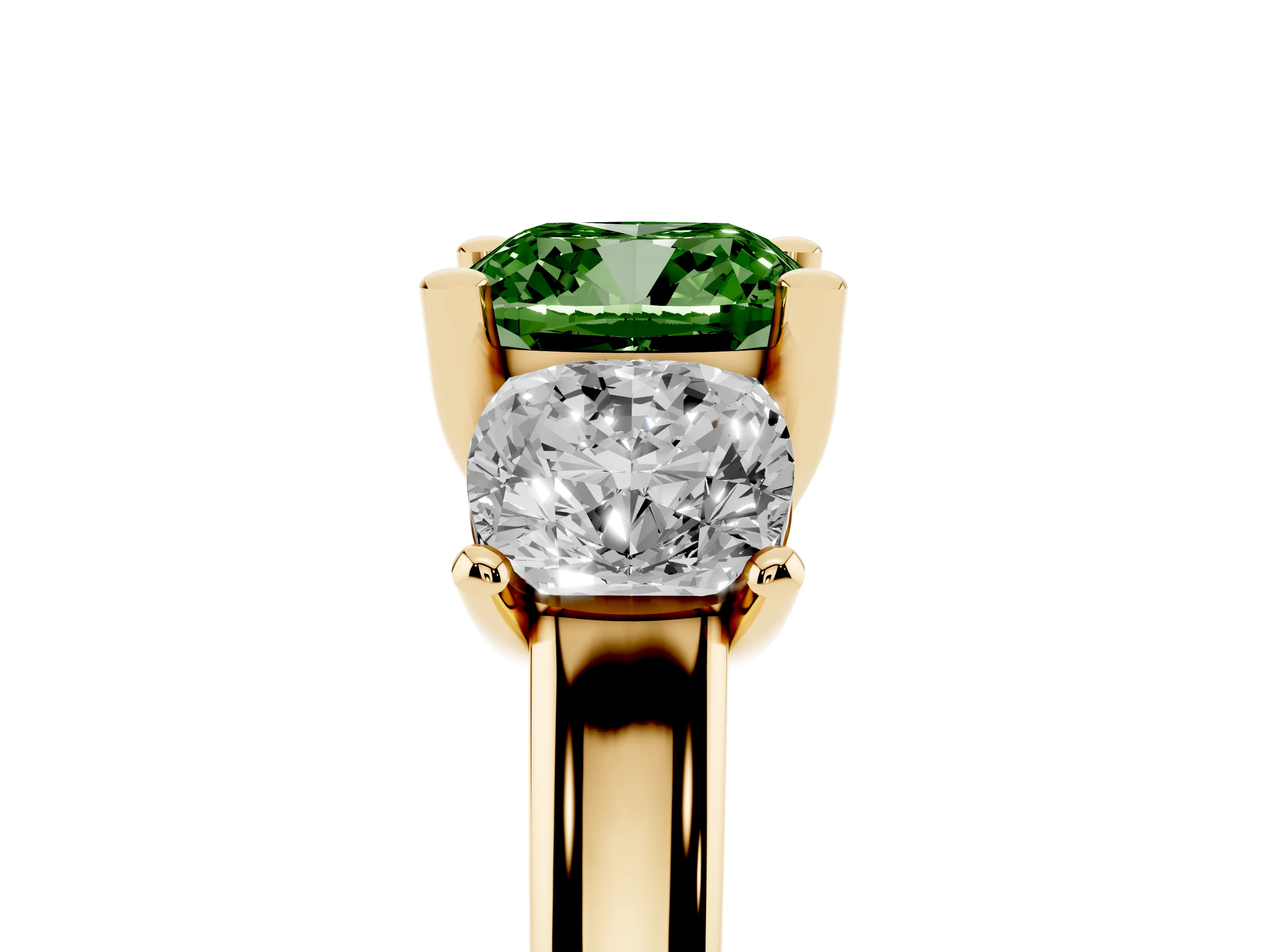 Fancy Green Cushion Cut Diamond Three-Stone Ring Set in Yellow gold with Classic Prong Setting and Plain Band