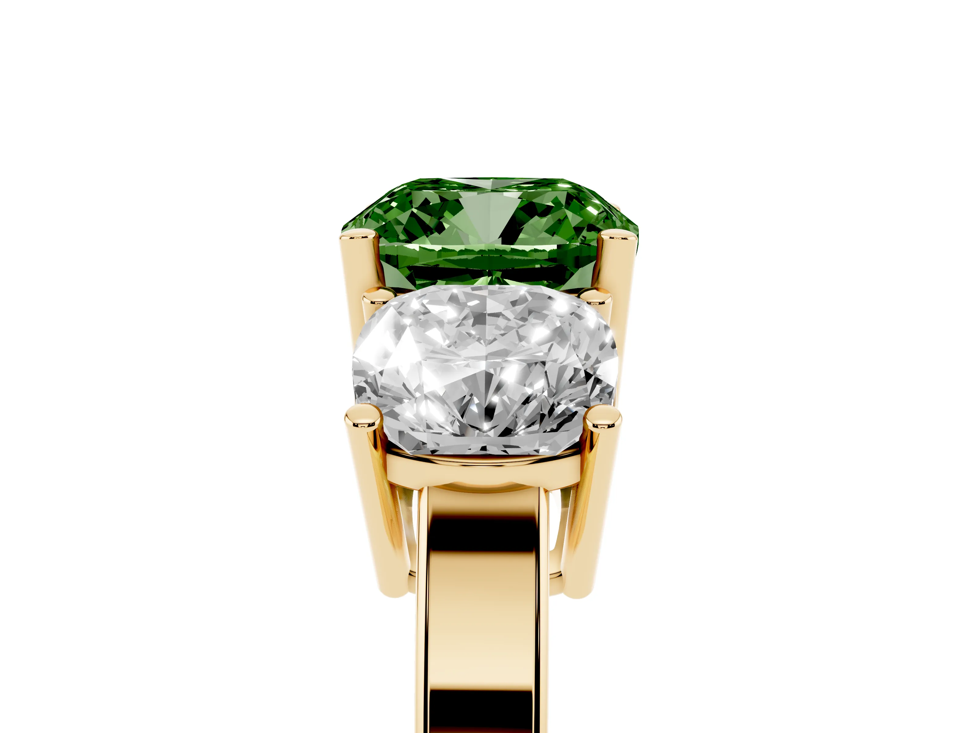Fancy Green Cushion Cut Diamond Three-Stone Engagement Ring Set in Yellow gold with Flat Band
