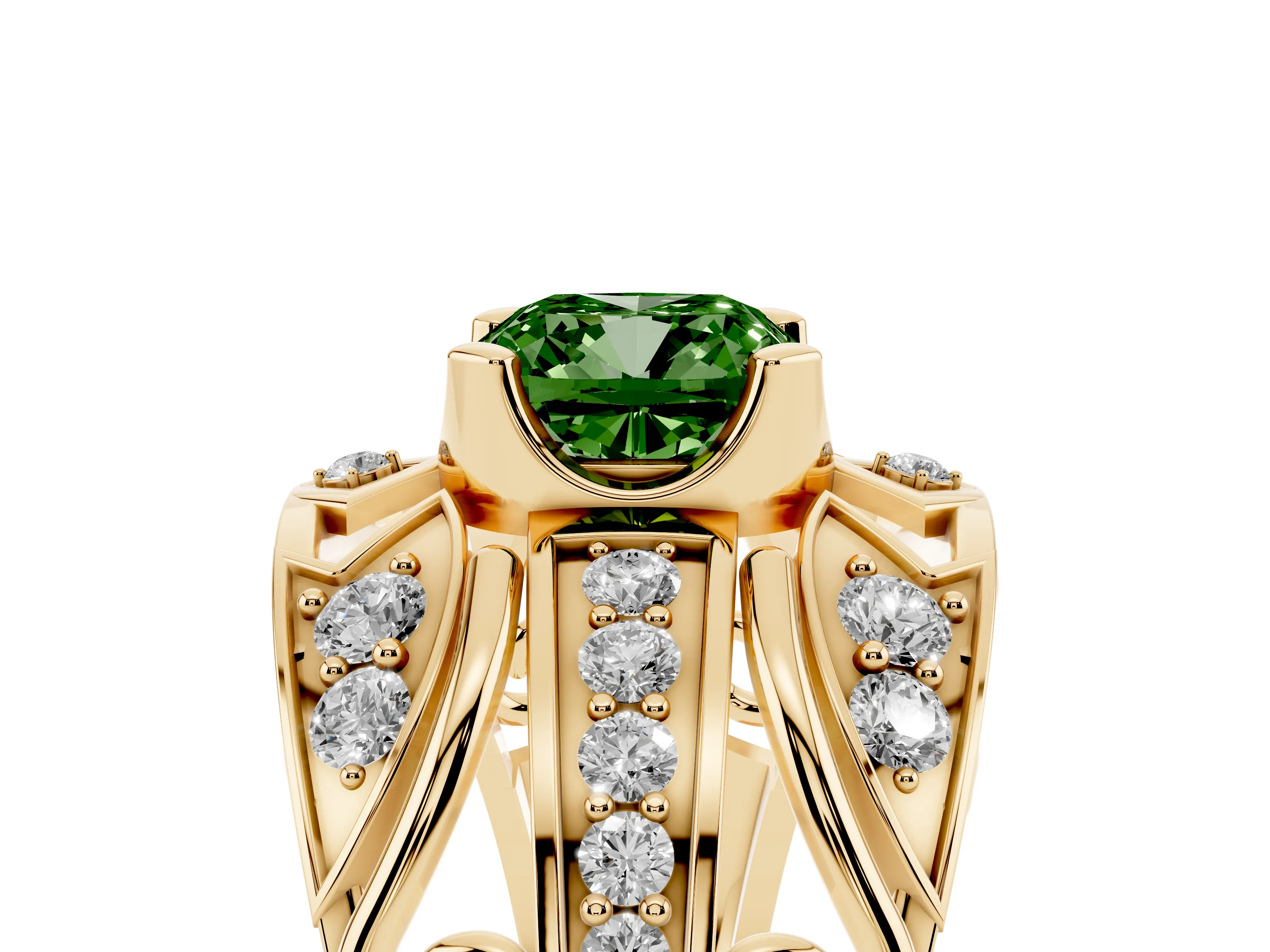 Fancy Green Cushion Cut Diamond Art Deco Ring Set in Yellow gold with Pavé Split Shank