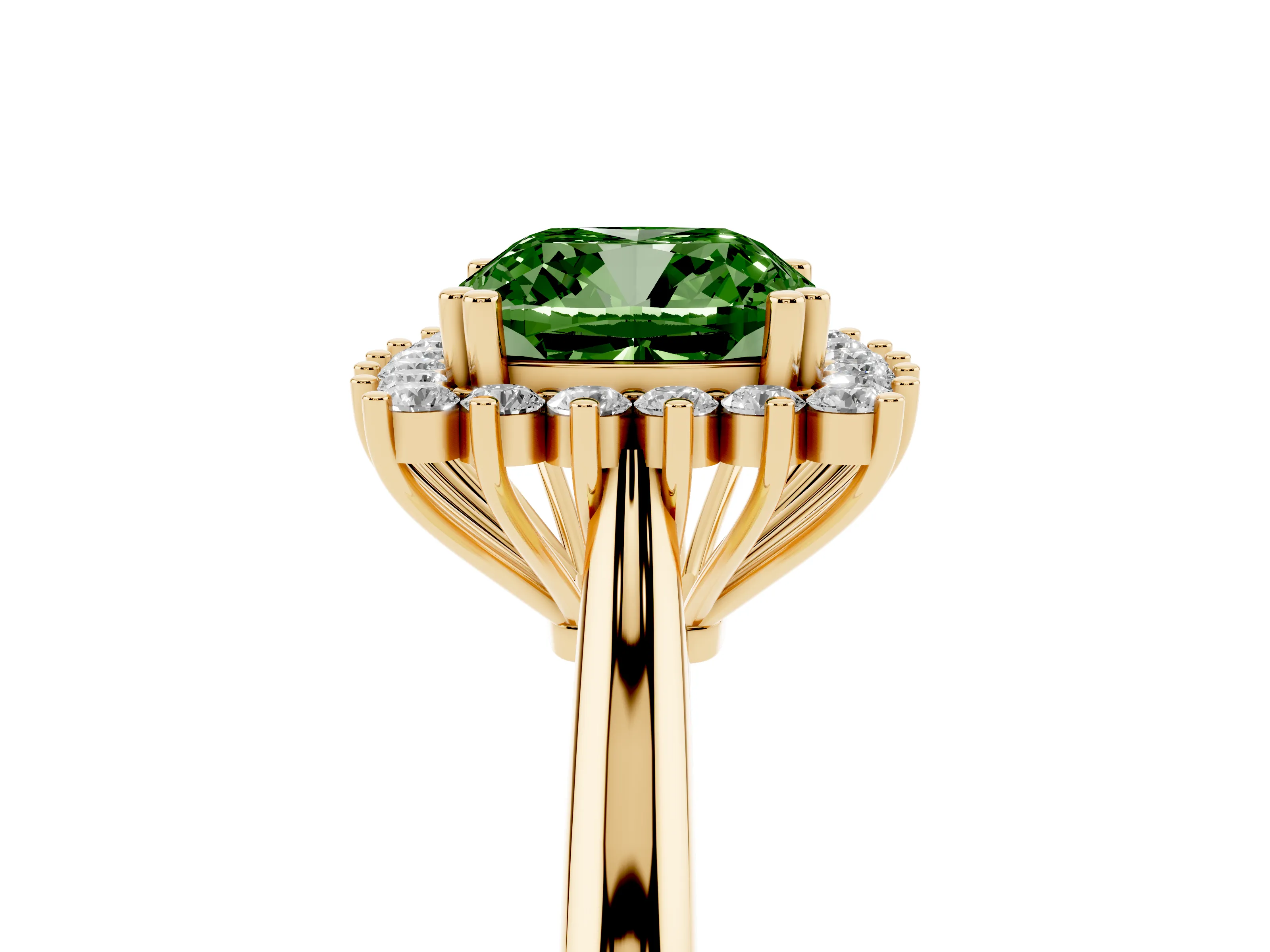 Fancy Green Cushion Cut Diamond Halo Ring Set in Yellow gold with Plain Solitaire Band and Prong Setting